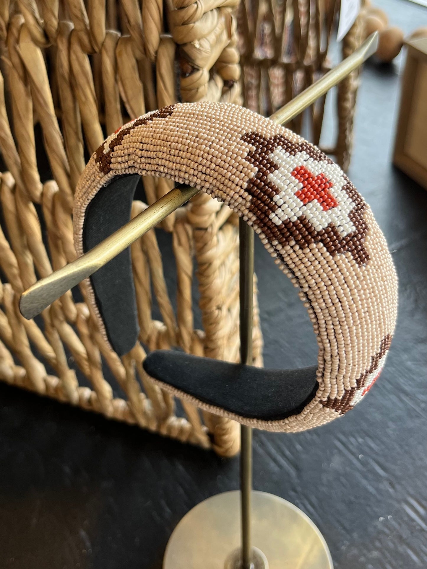 Aztec Beaded Headband - Tan/Red