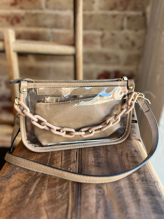 The Clear Crossbody w/ Chain- Taupe