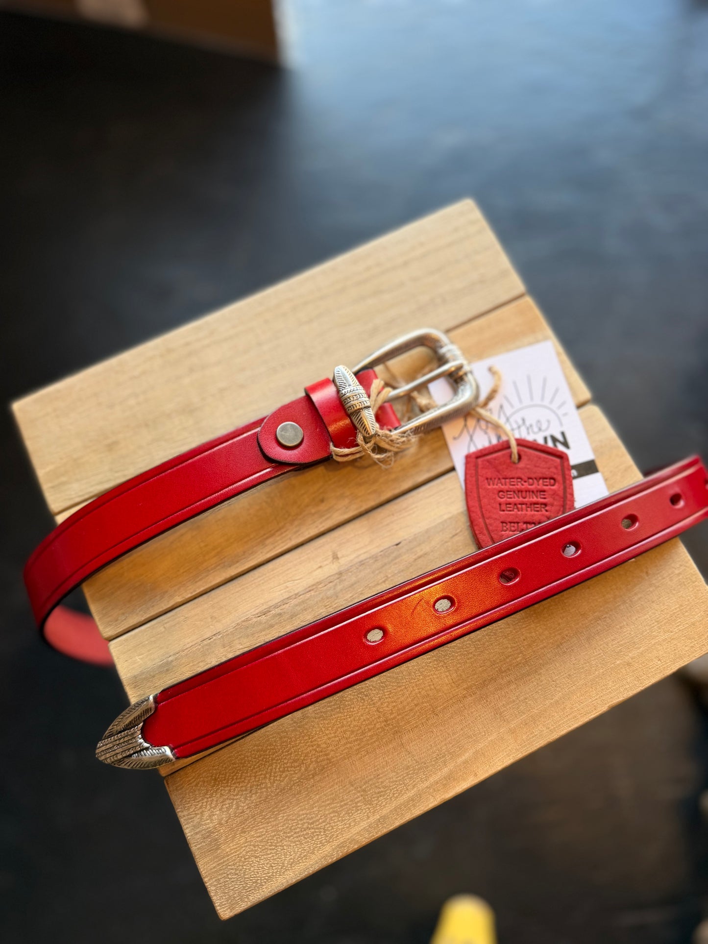 Engraved Silver Leather Belt - Red