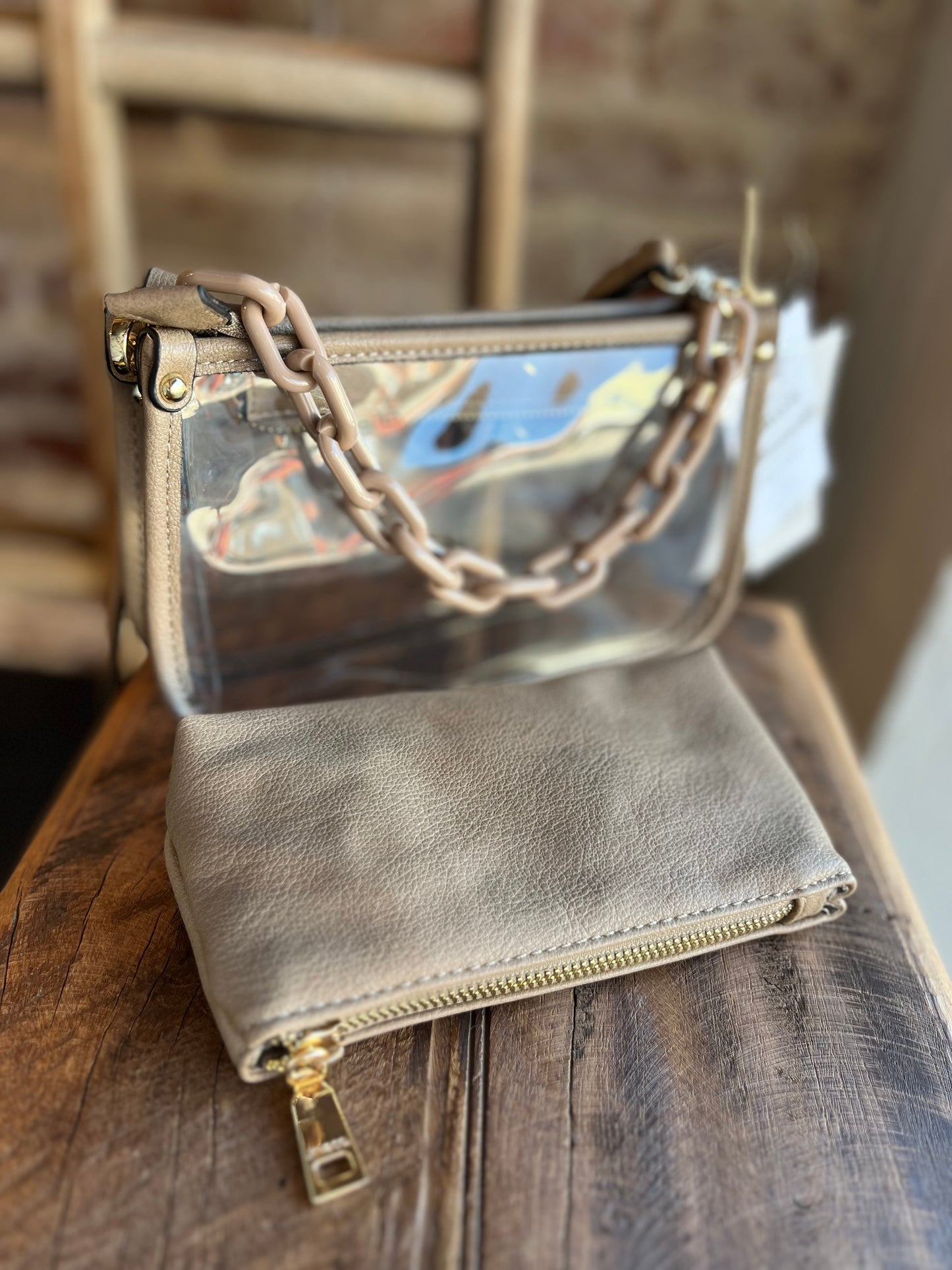 The Clear Crossbody w/ Chain- Taupe