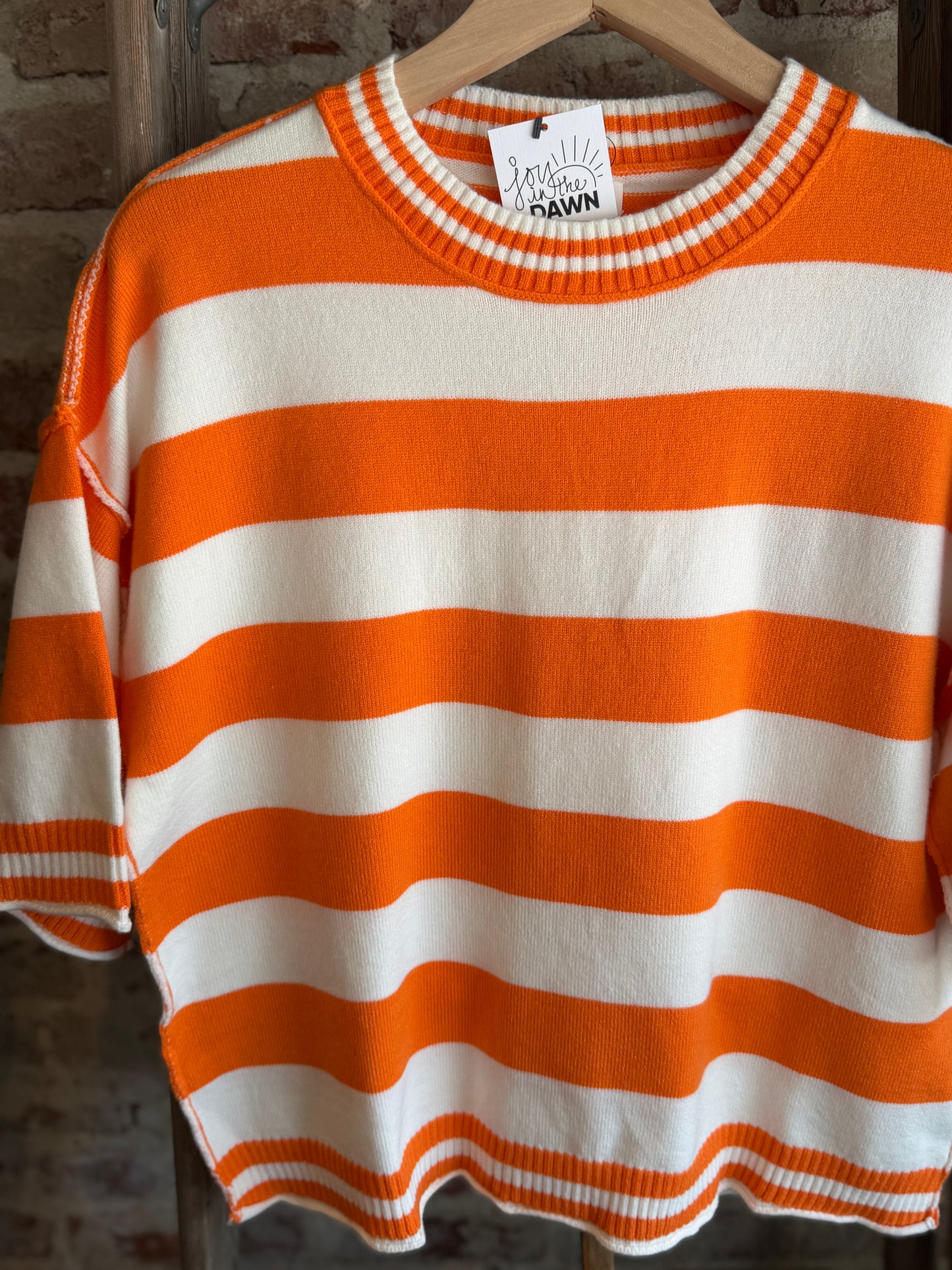 Orange+White Knit Striped Oversized Top