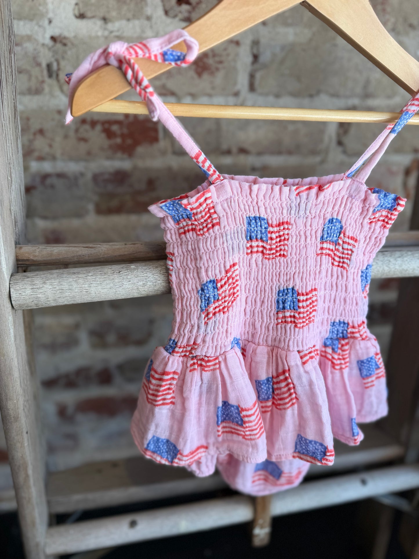 Americana Muslin Smocked Bubble Skirt Onesie- Pink