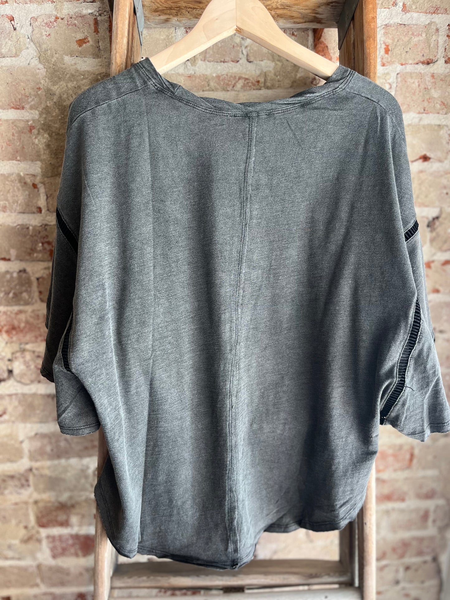 Mineral Washed Ruffle Sleeve Top-Black