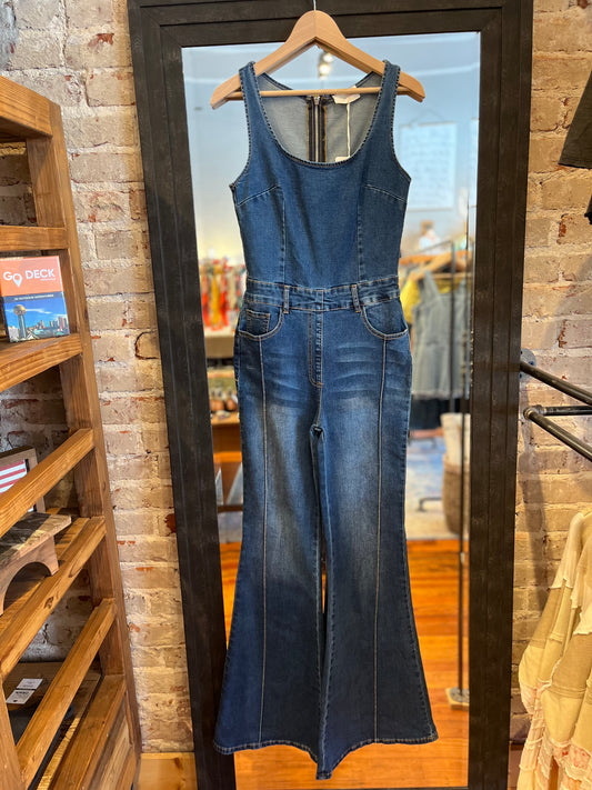 Sleeveless Stretch Wide Leg Denim Jumpsuit