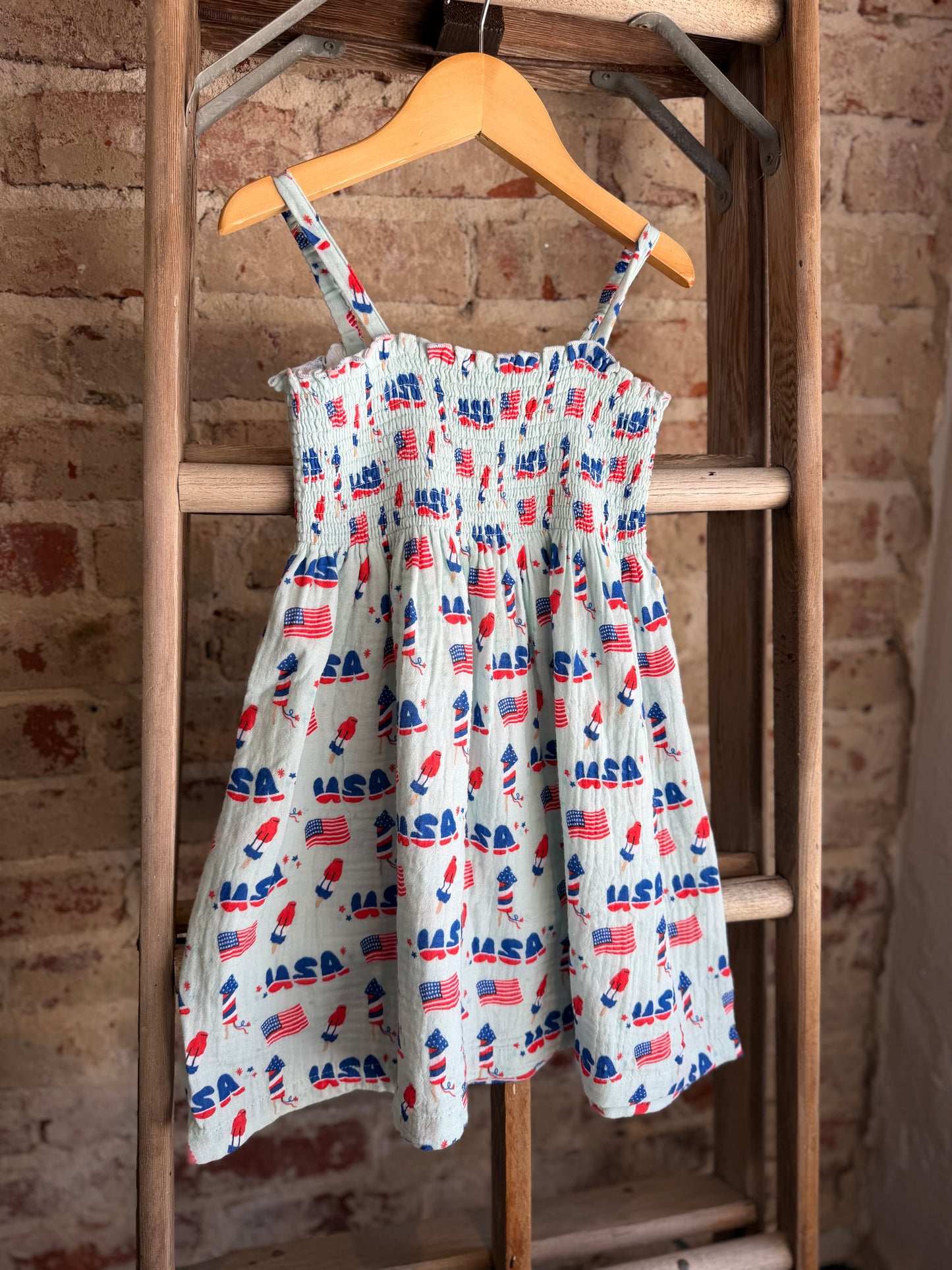 Retro Americana Muslin Smocked Dress- Blue