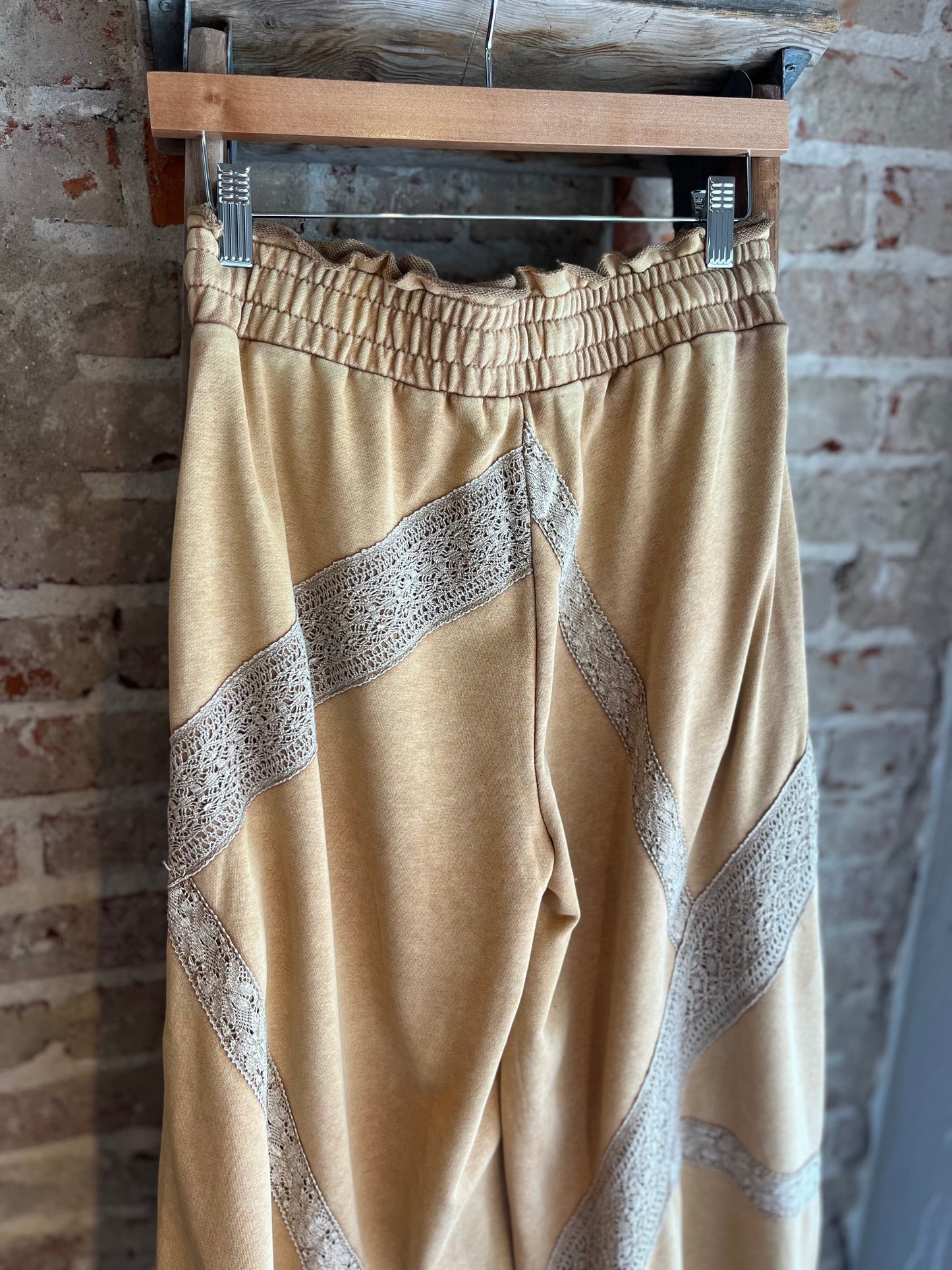 Washed Lace Trim Wide Leg Pants- Coffee