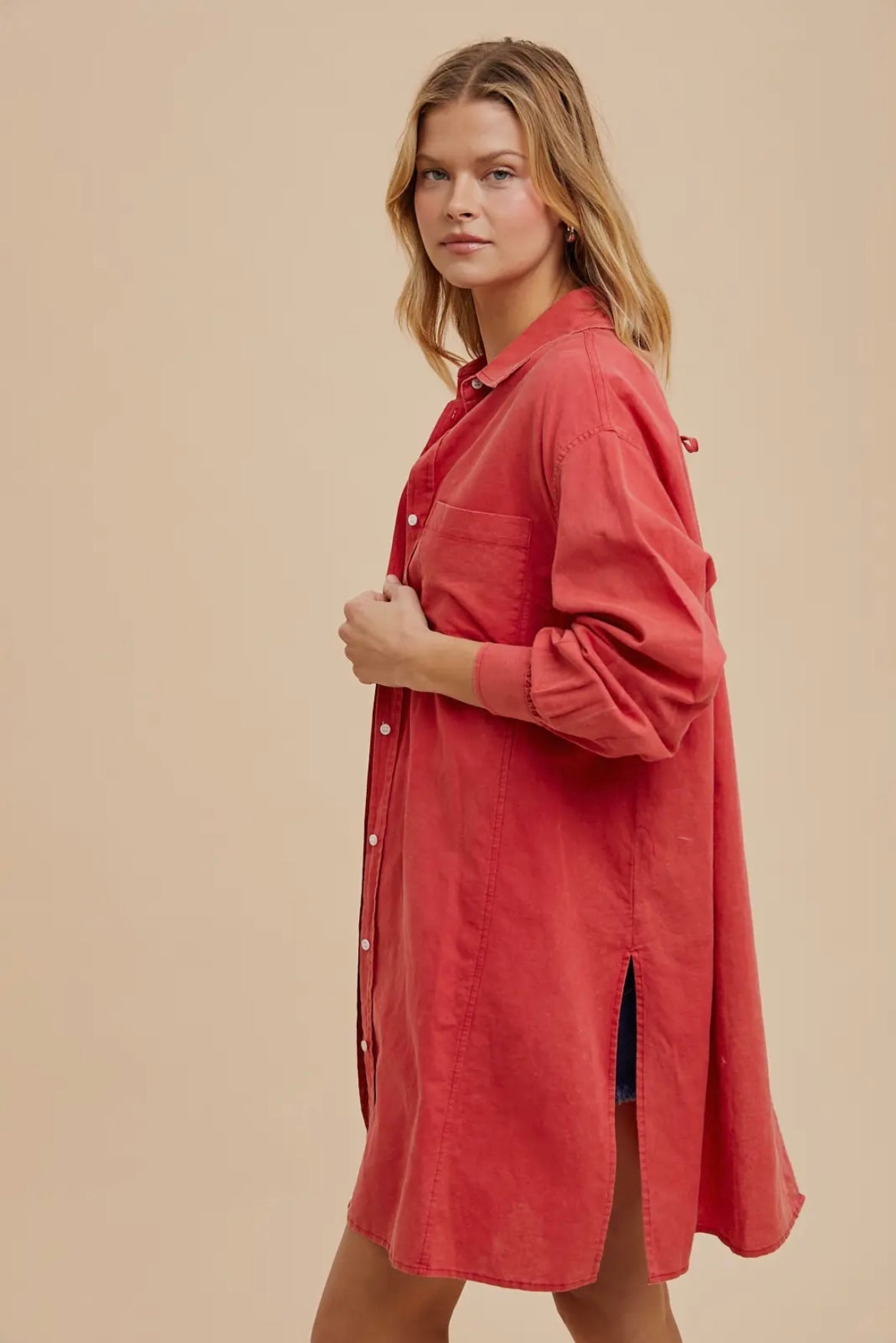 Washed Tomato Red Button Up w/ Bows