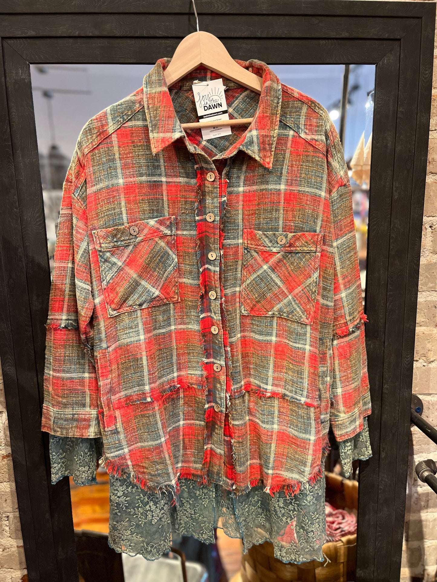 Festive Flannel Shacket w/ Lace - Red/Green