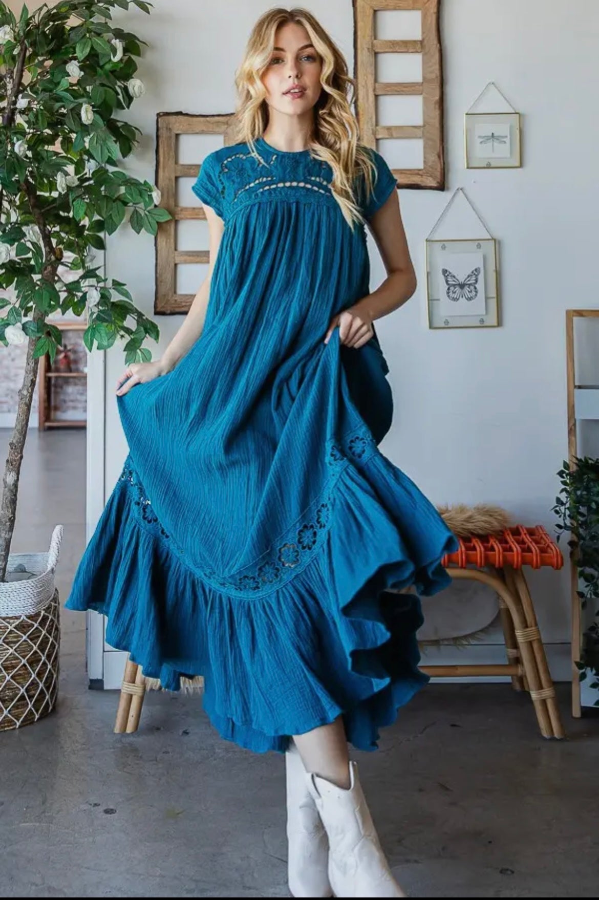 Floral Peasant Dress- Teal