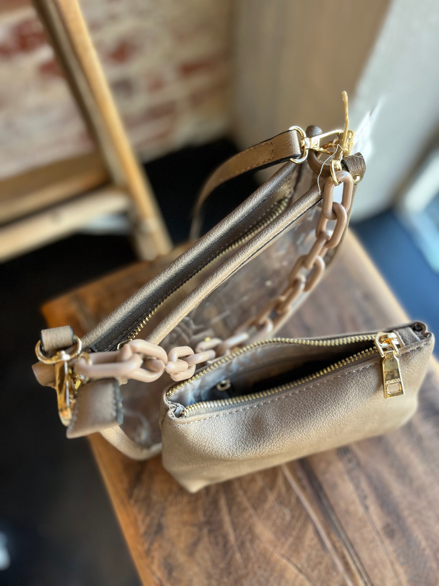 The Clear Crossbody w/ Chain- Taupe
