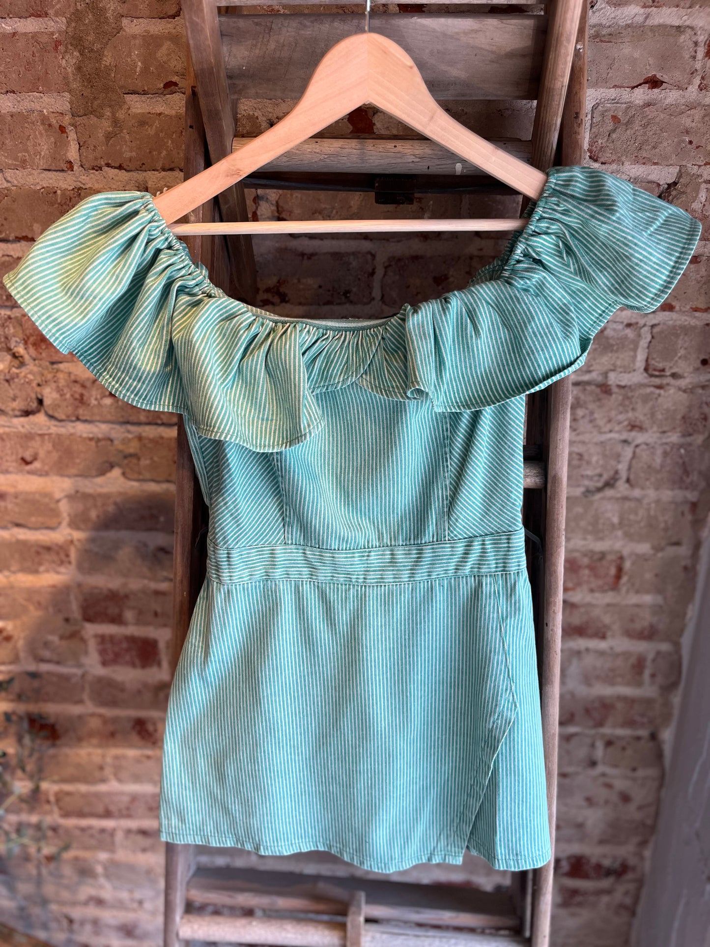 Off Shoulder Striped Green Romper