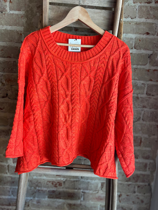 Quarter Sleeve Cropped Sweater -Hot Coral