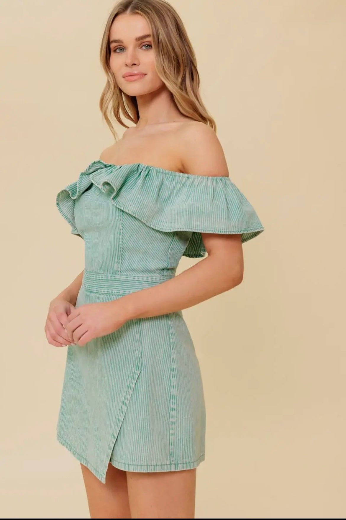 Off Shoulder Striped Green Romper