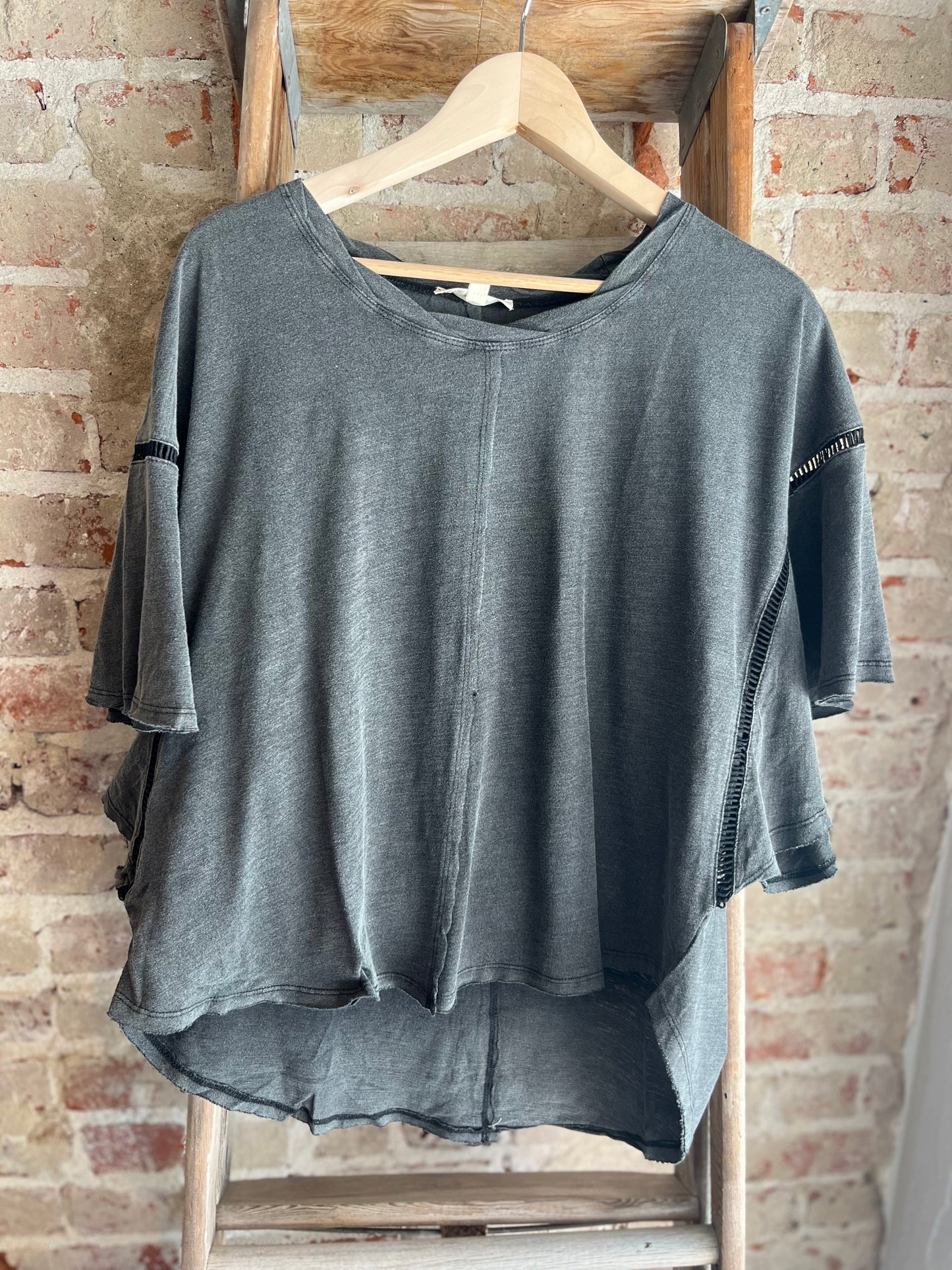 Mineral Washed Ruffle Sleeve Top-Black