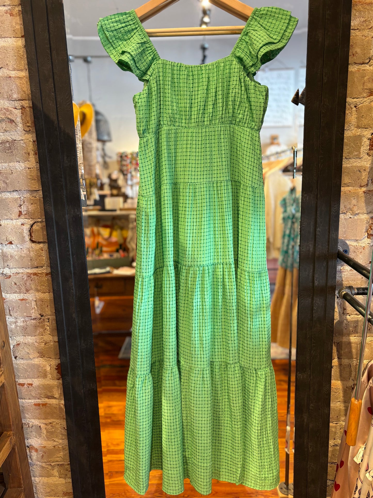 Flutter Sleeve Gingham Maxi Dress- Green