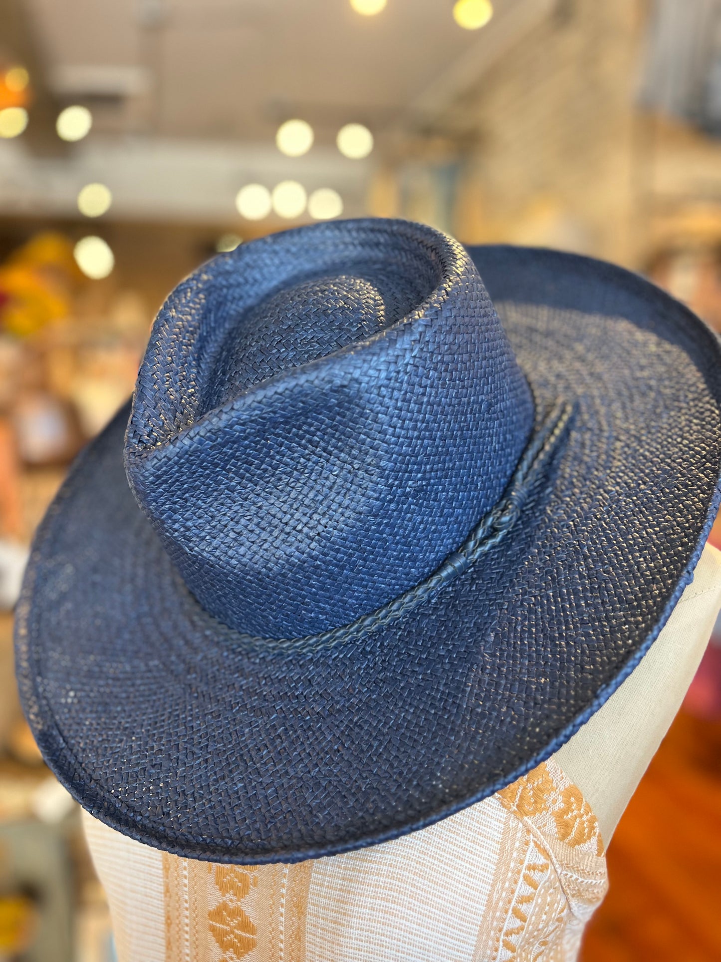 Curled Brim Sun Straw Hat - Navy
