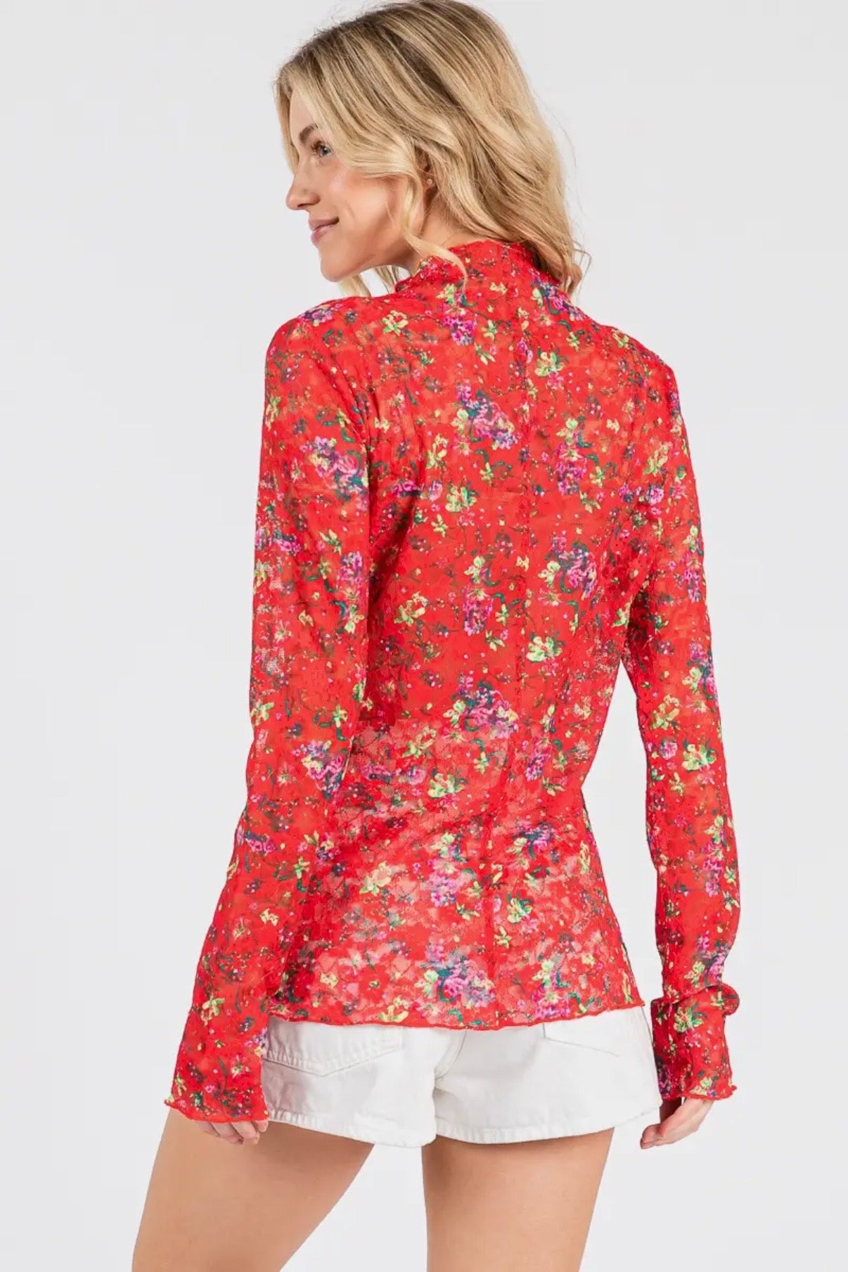 Floral Sheer Long Sleeve Top - Red