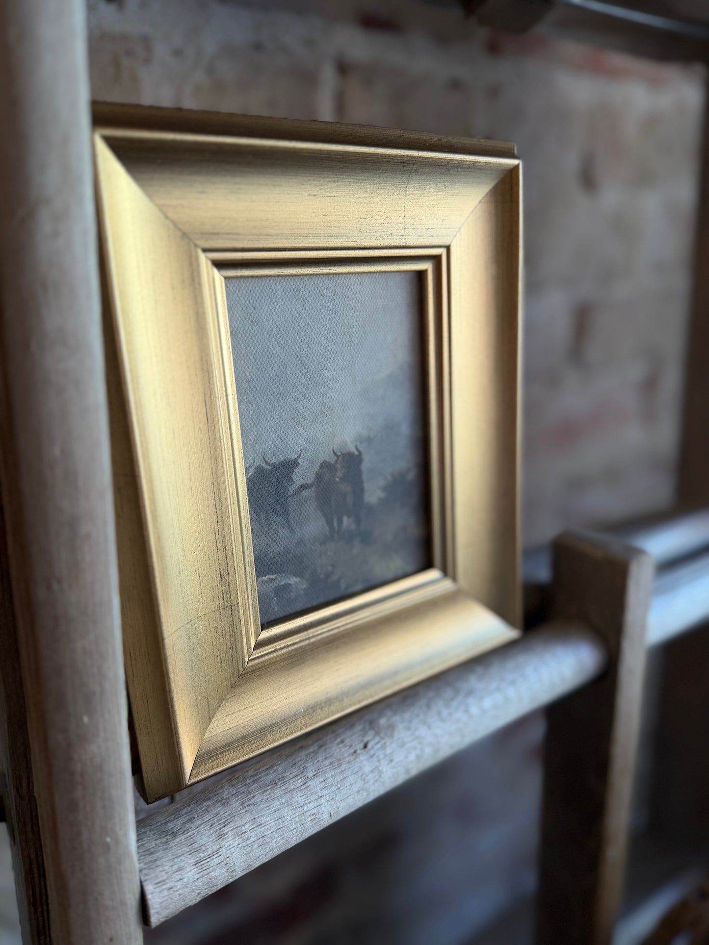 Bulls on a Misty Morn Framed Antique Art