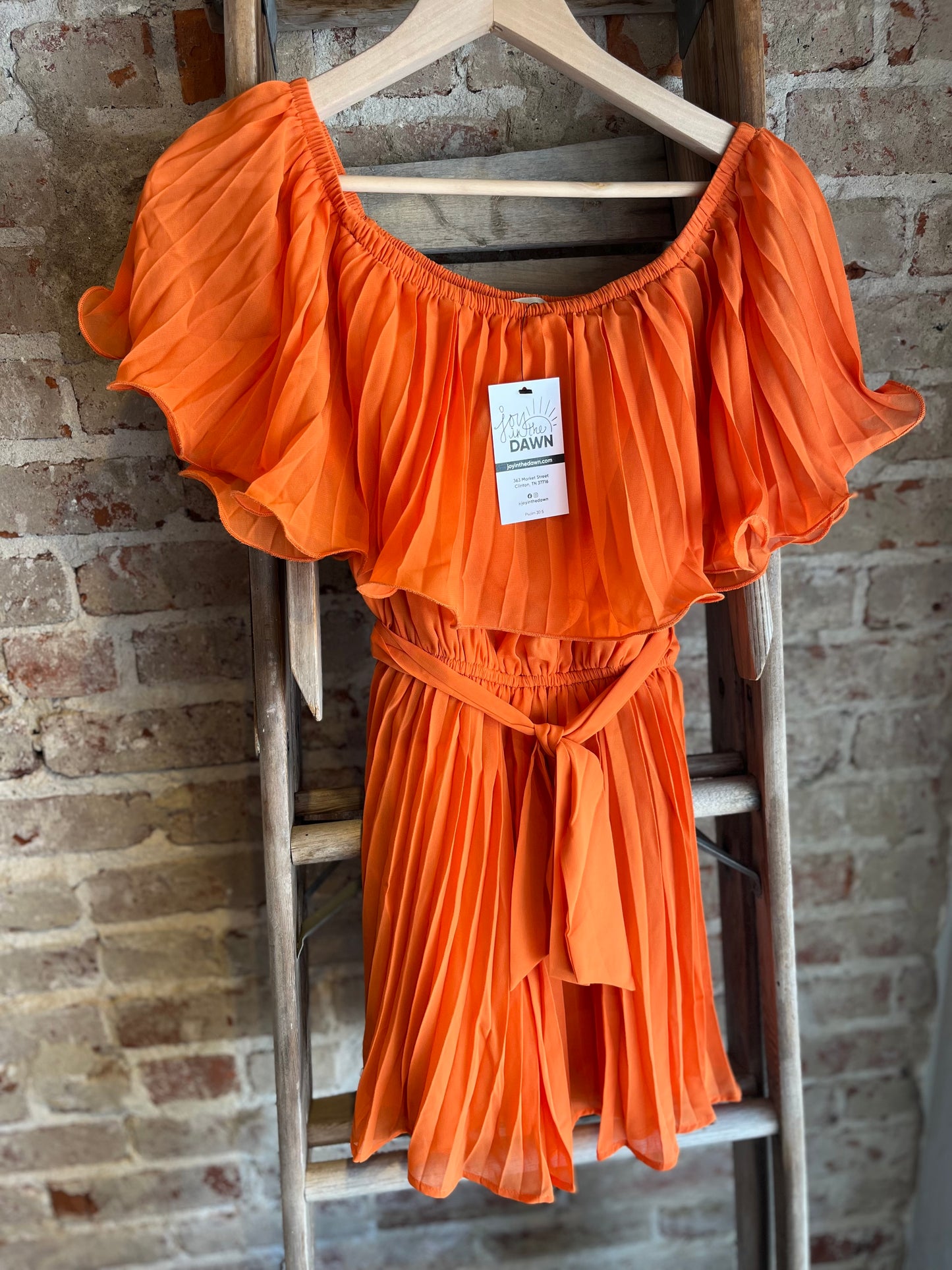 Pleated Off Shoulder Romper - Orange