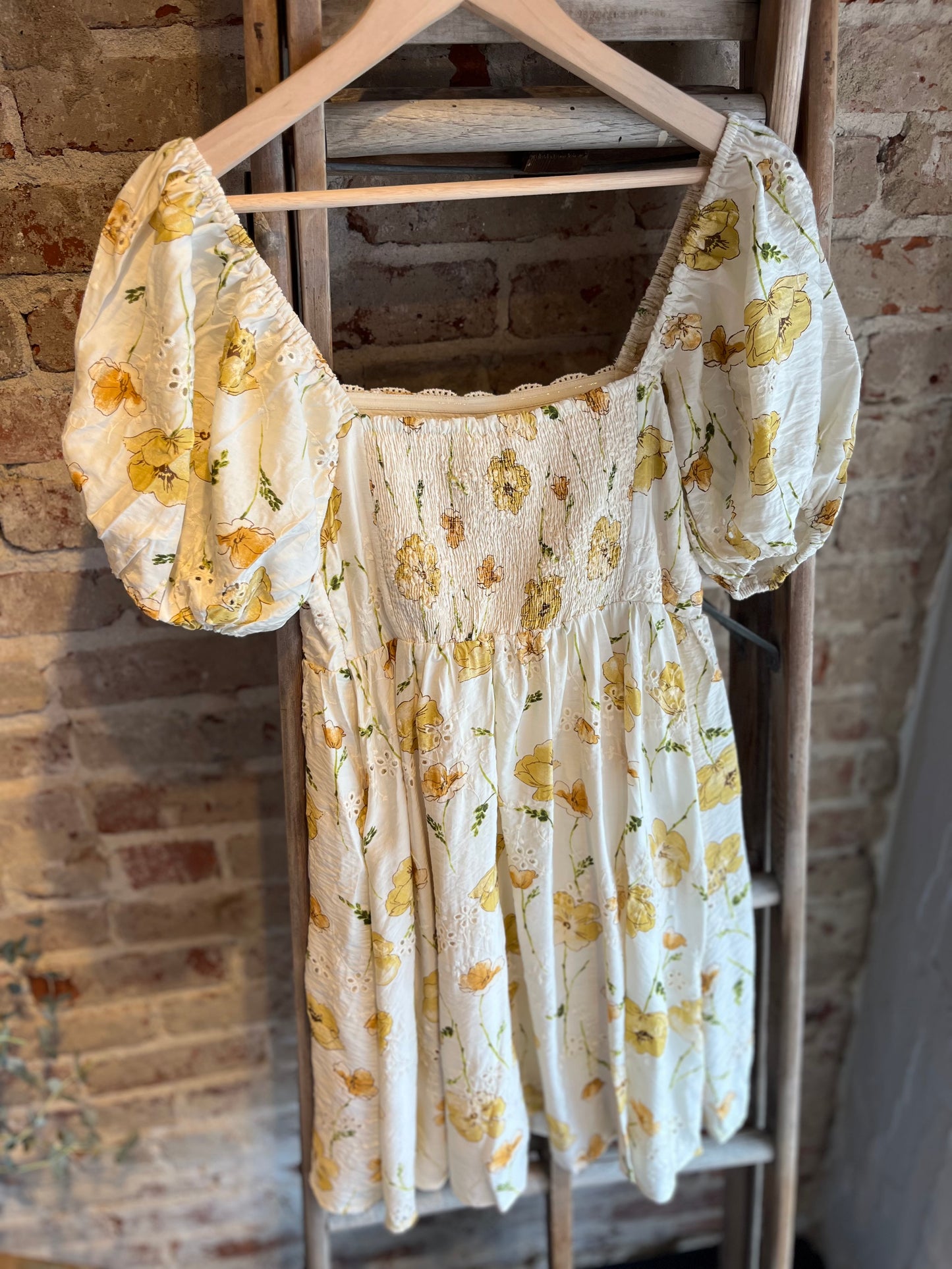 Floral Bubble Sleeve Mini Dress - Cream