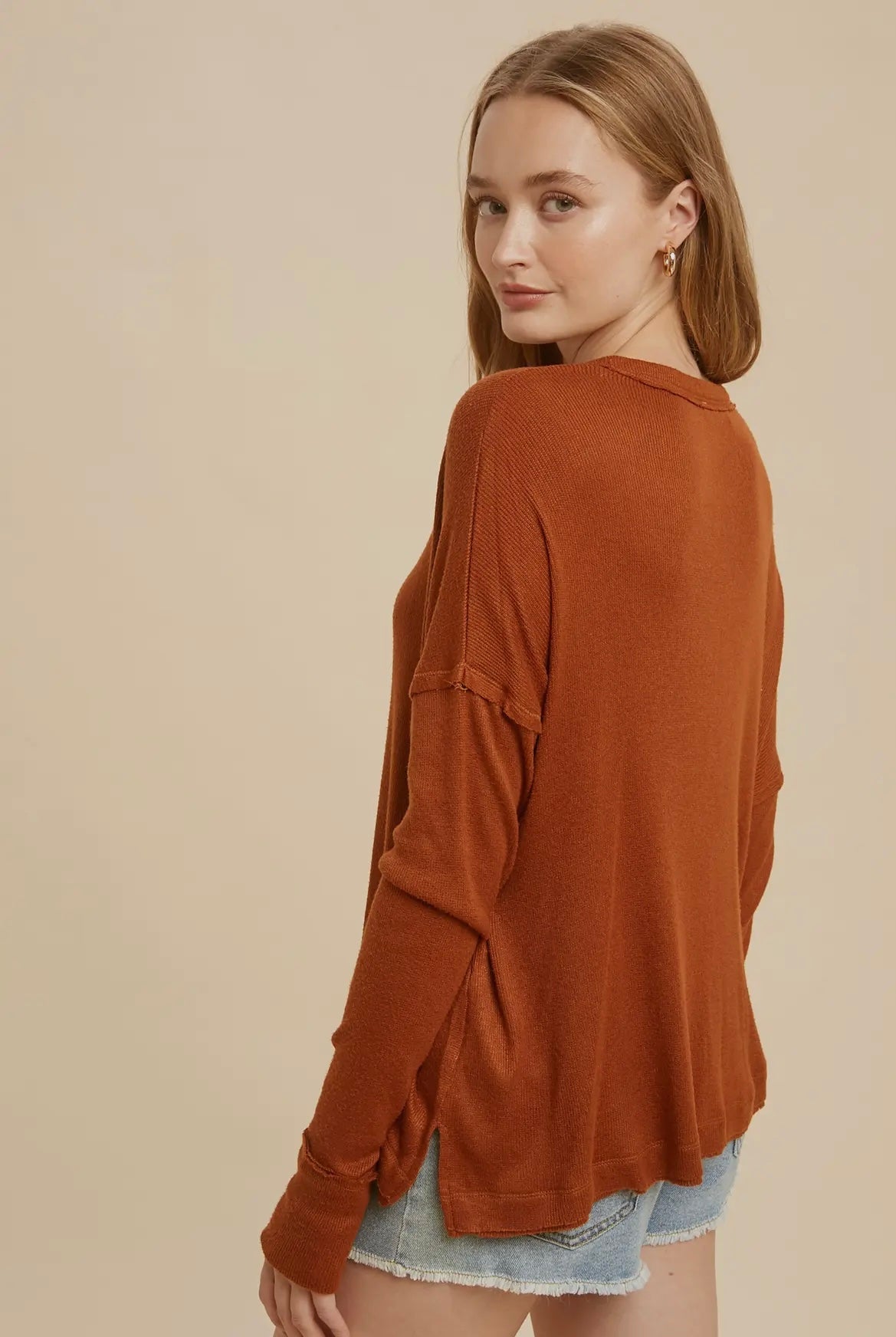 Henley Snap Top- Camel