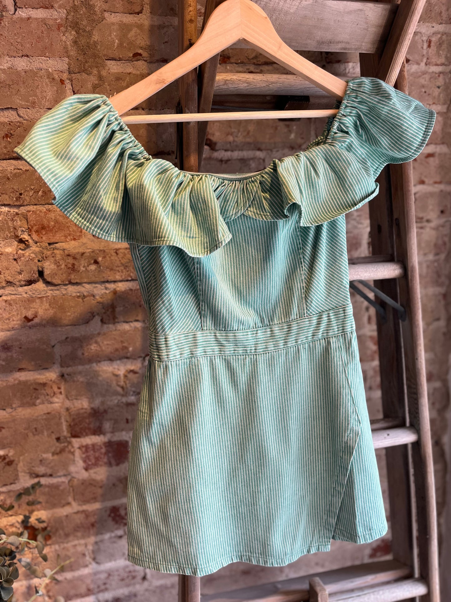 Off Shoulder Striped Green Romper