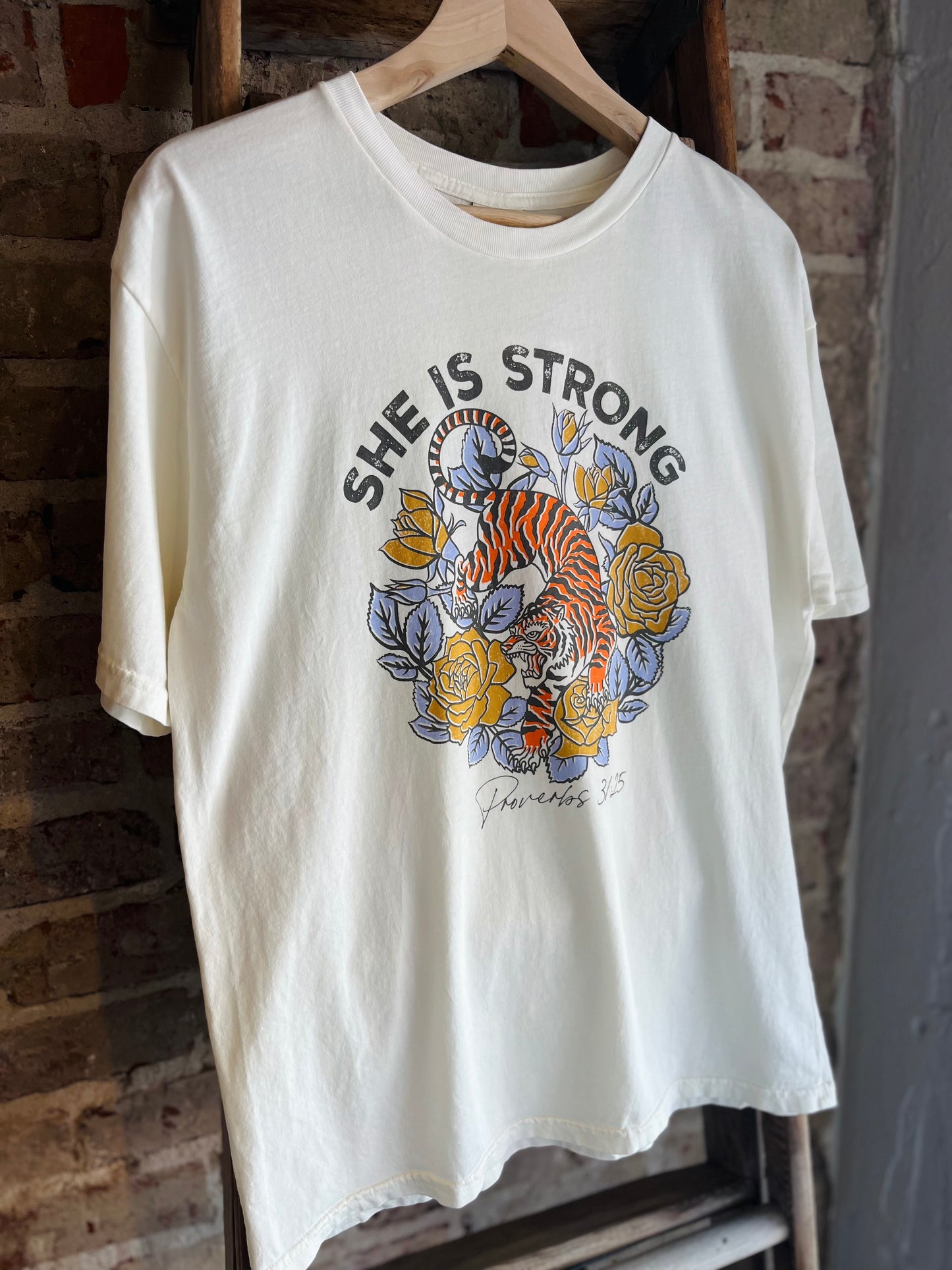 She is Strong Proverbs 31:25 Tee - Cream