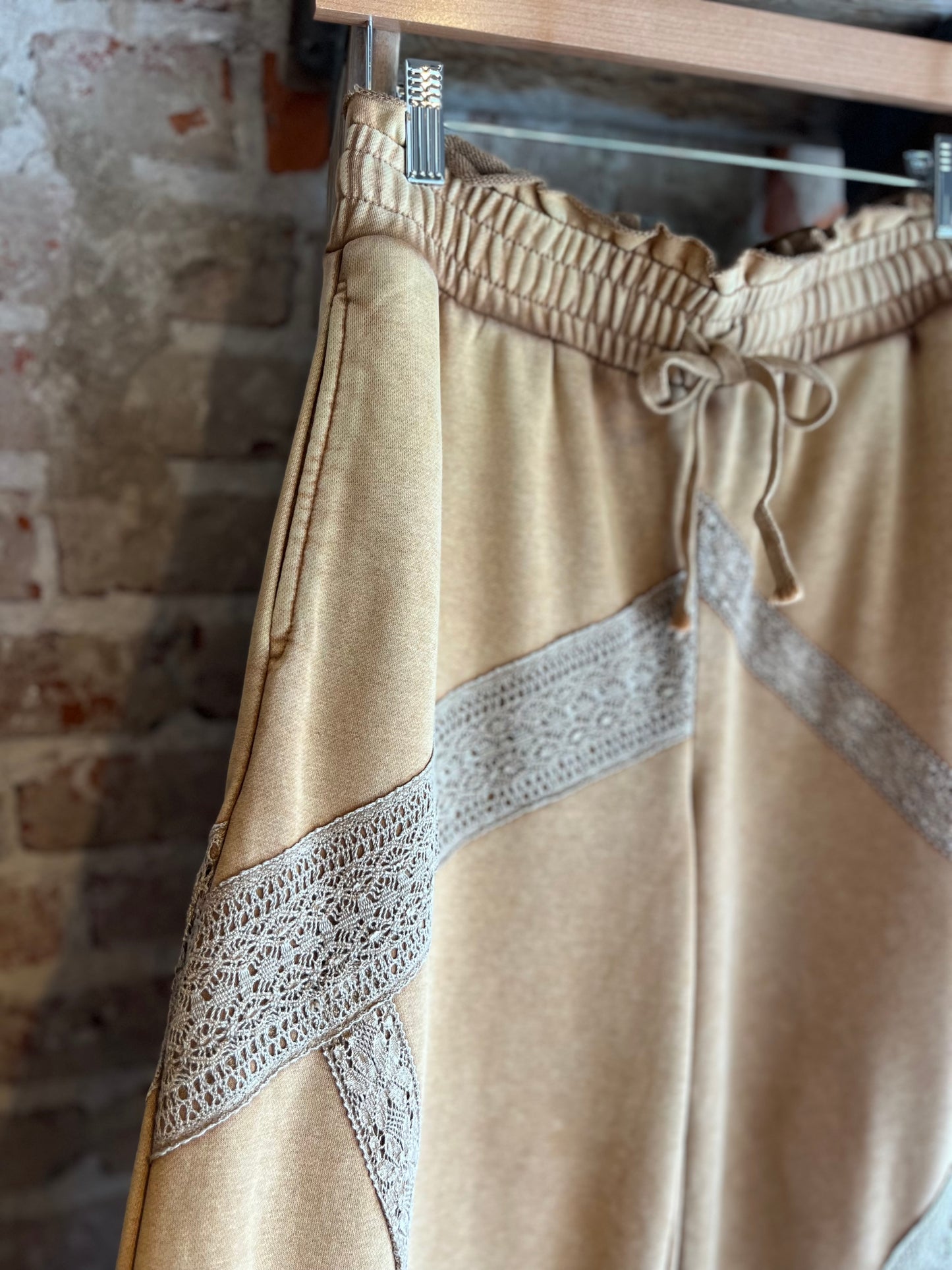 Washed Lace Trim Wide Leg Pants- Coffee
