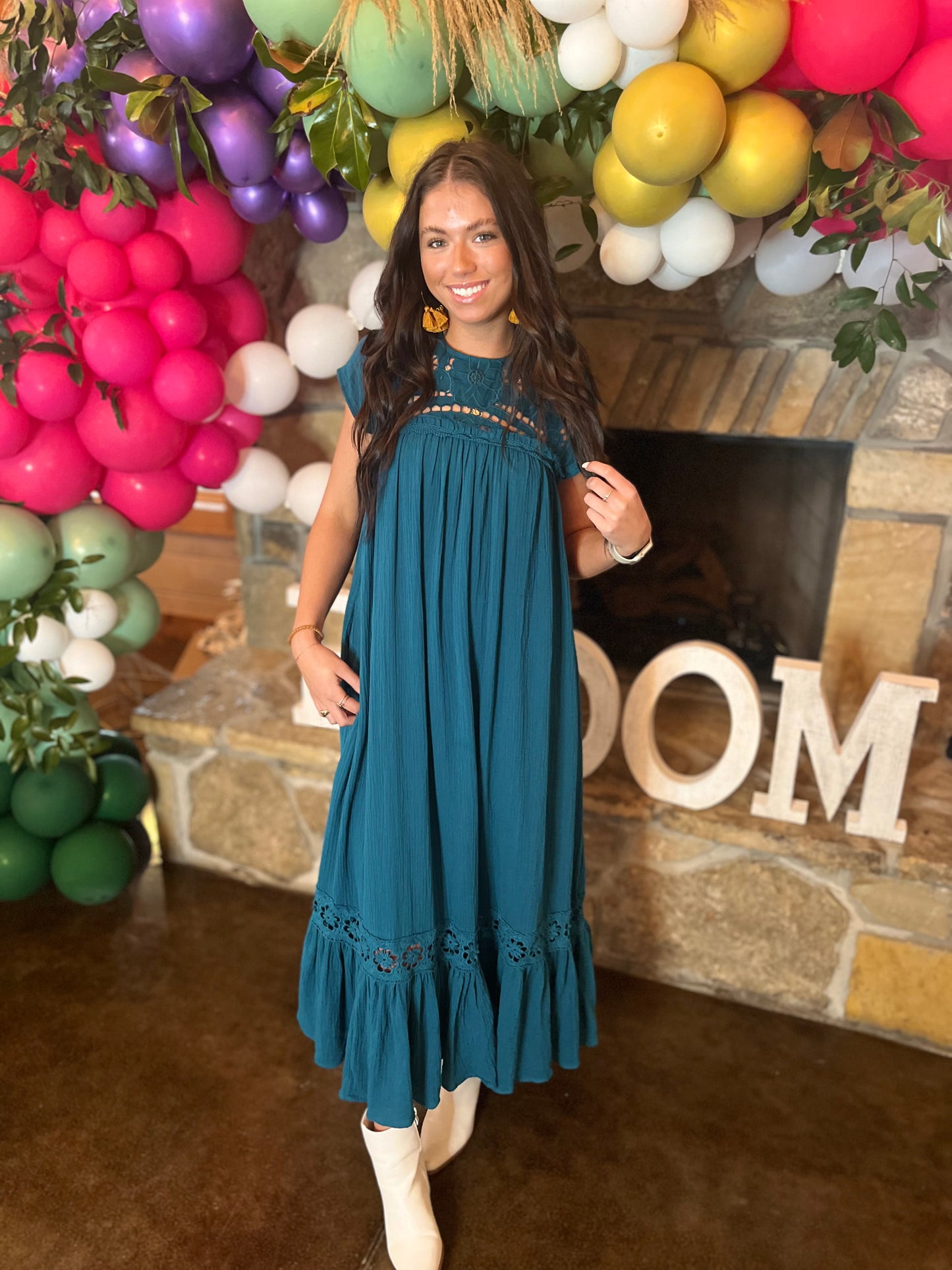 Floral Peasant Dress- Teal