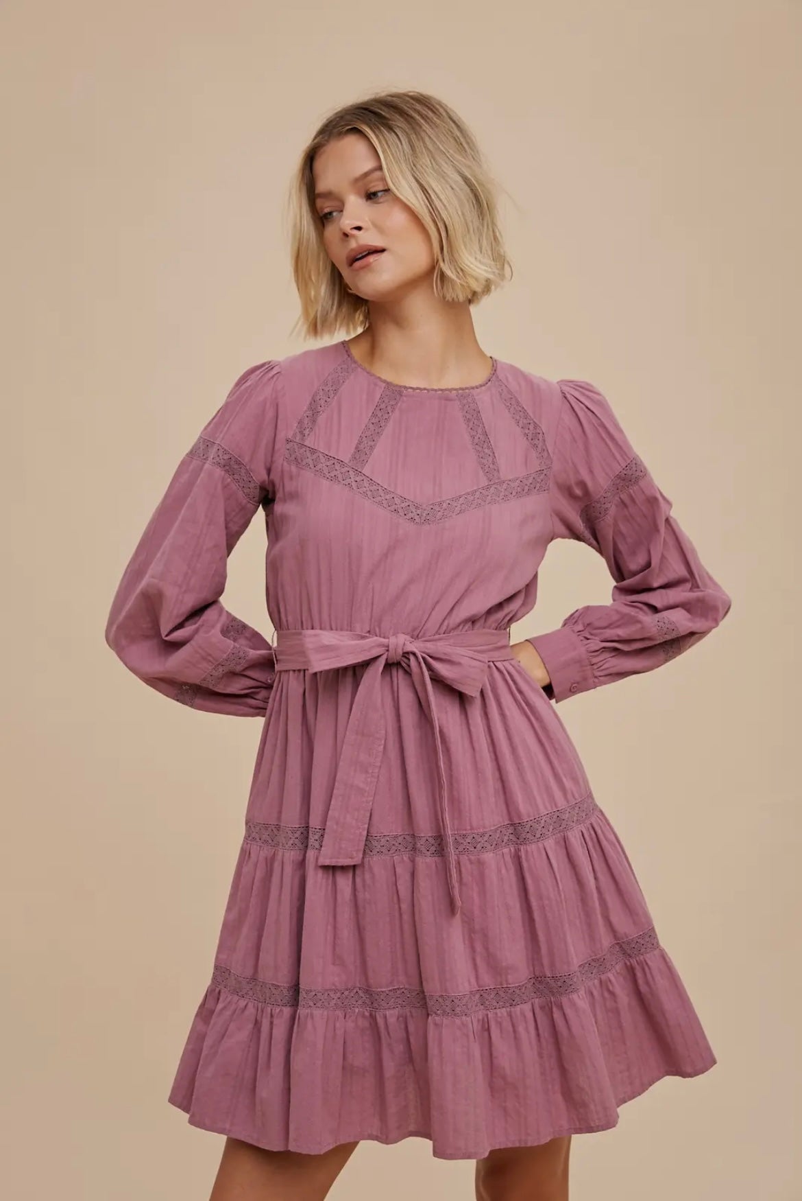 Lace Inlay Mini Dress- Eggplant