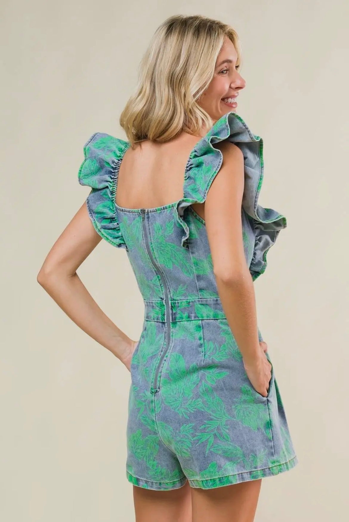 Printed Flutter Sleeve Denim Romper