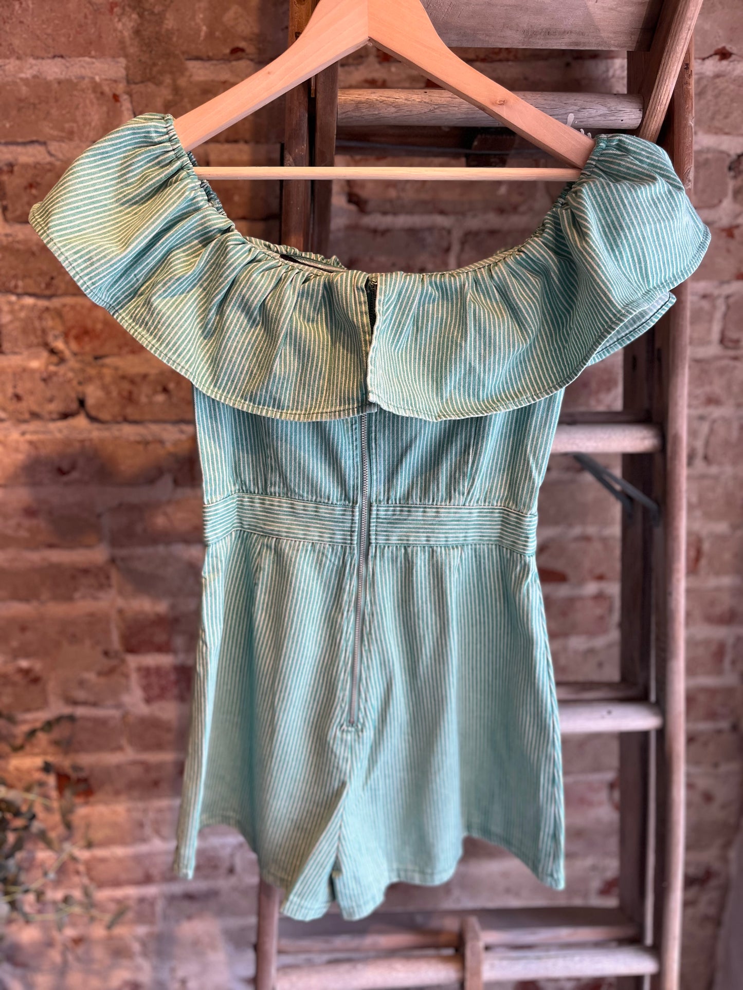 Off Shoulder Striped Green Romper