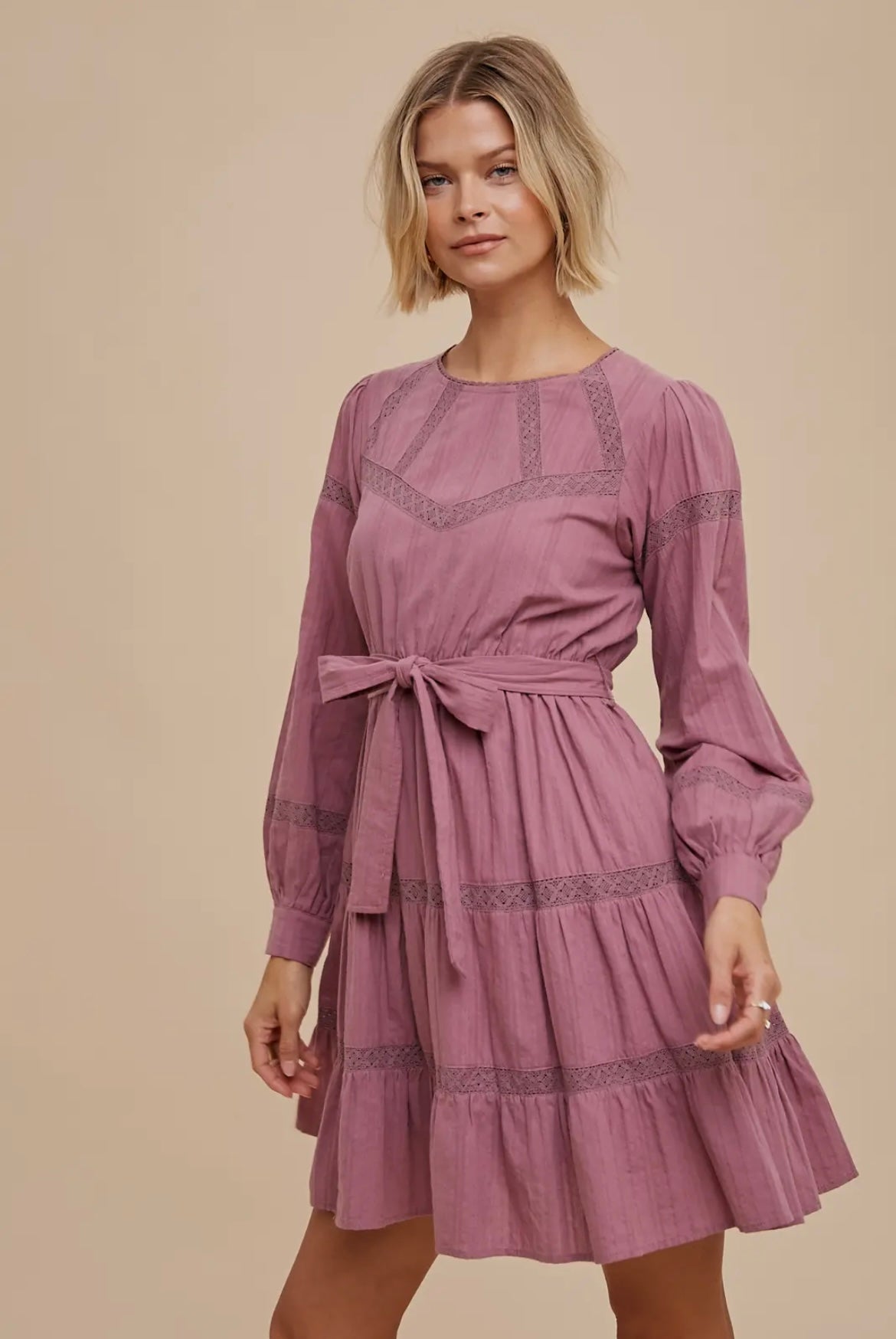 Lace Inlay Mini Dress- Eggplant