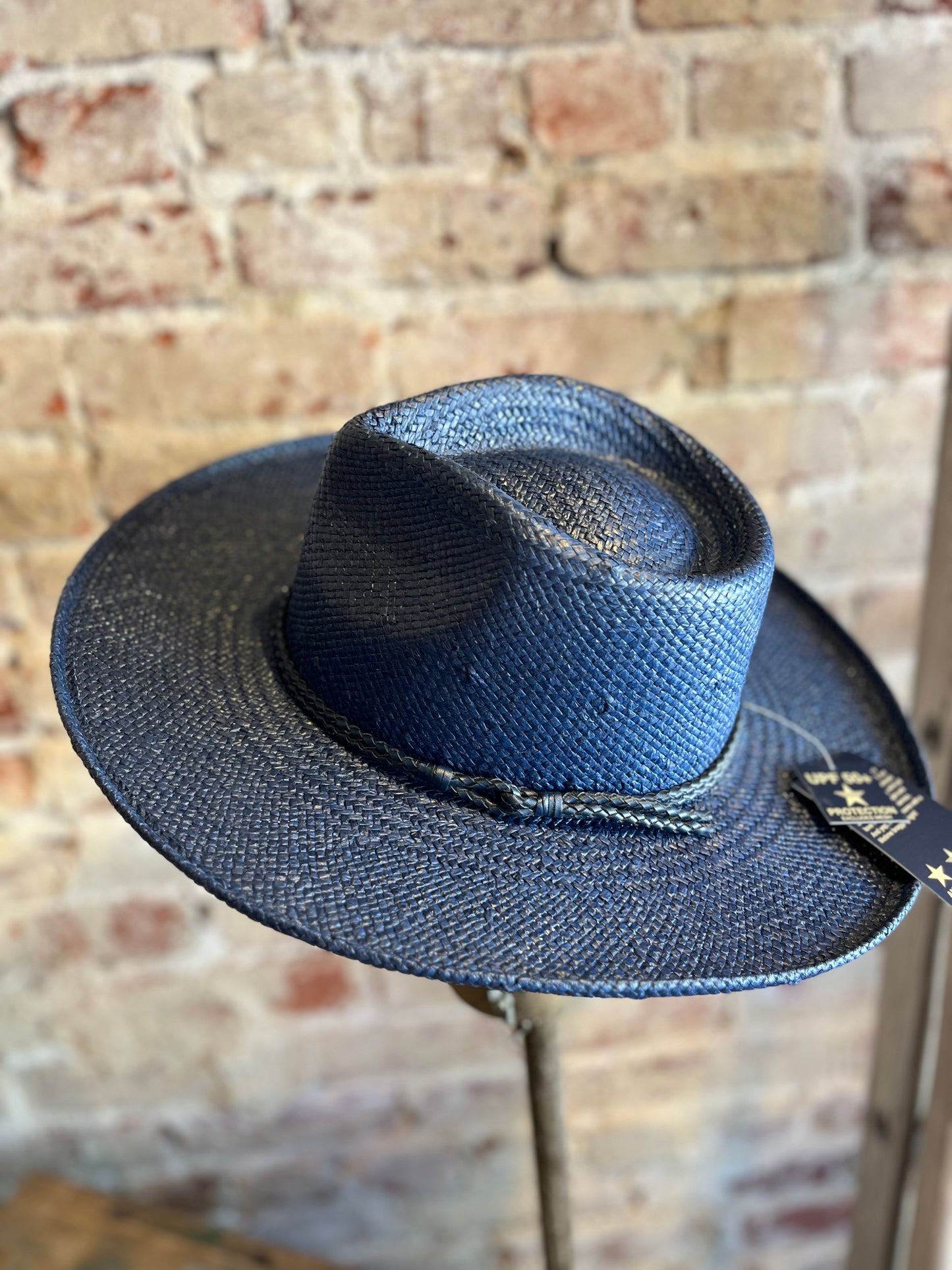 Curled Brim Sun Straw Hat - Navy