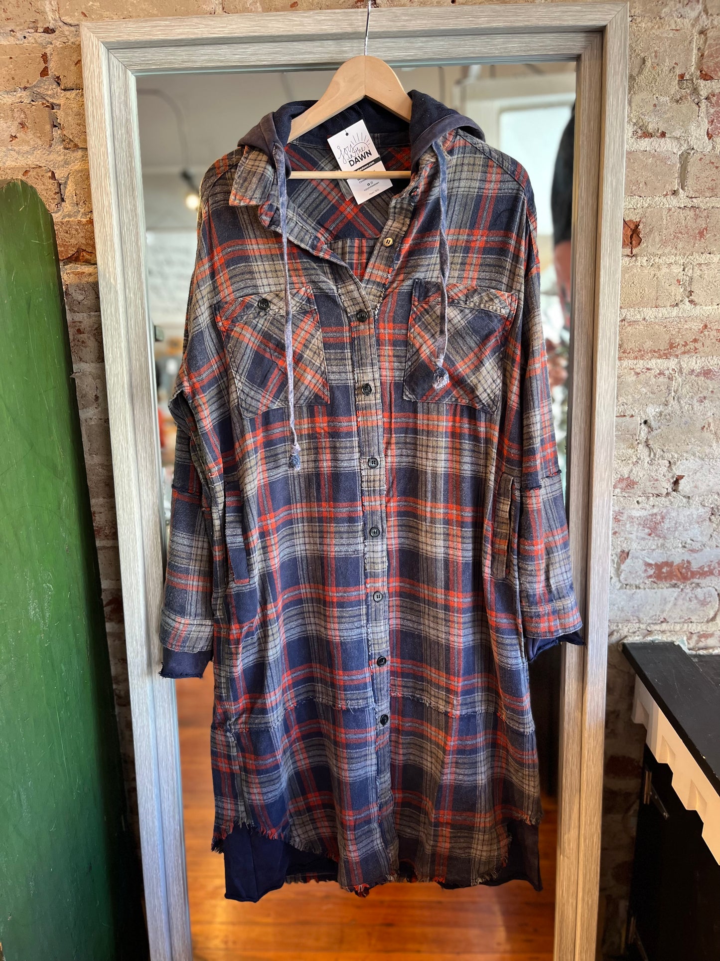 Plaid Button Down Hoodie Shirt- Long
