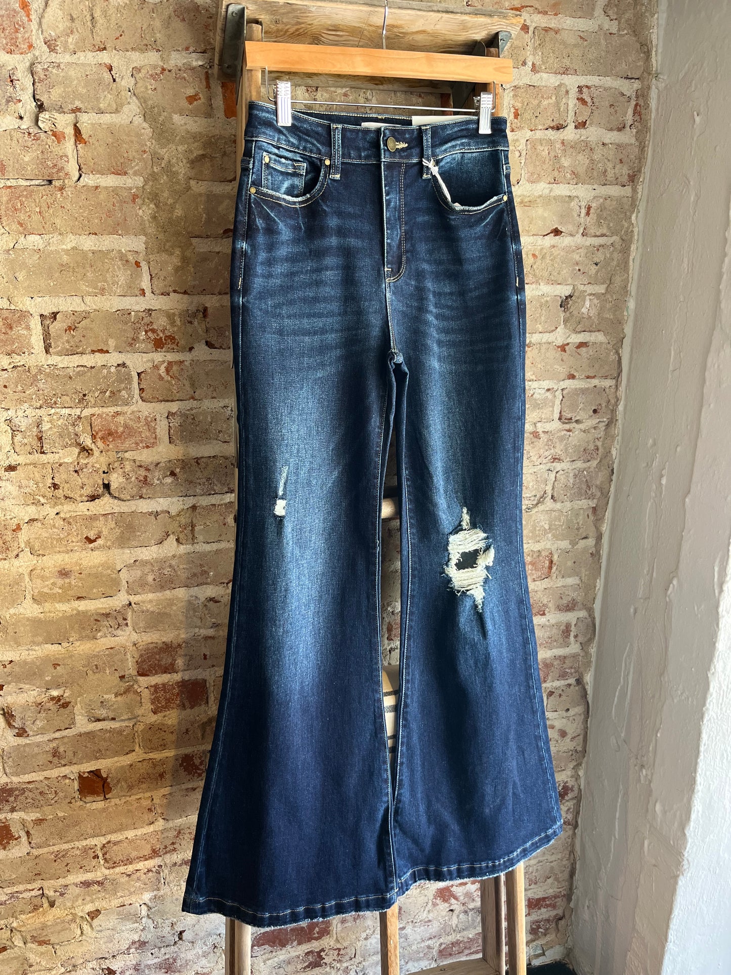 Distressed High Rise Flare Jeans- Dark