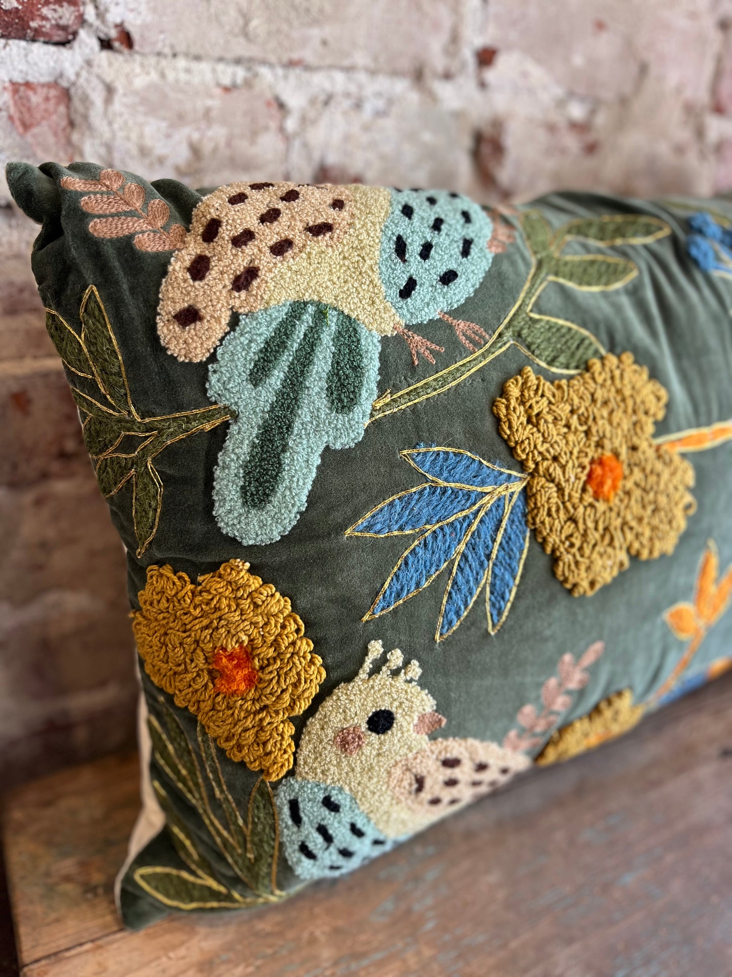 Bird Embroidery Luxe Pillow- Green