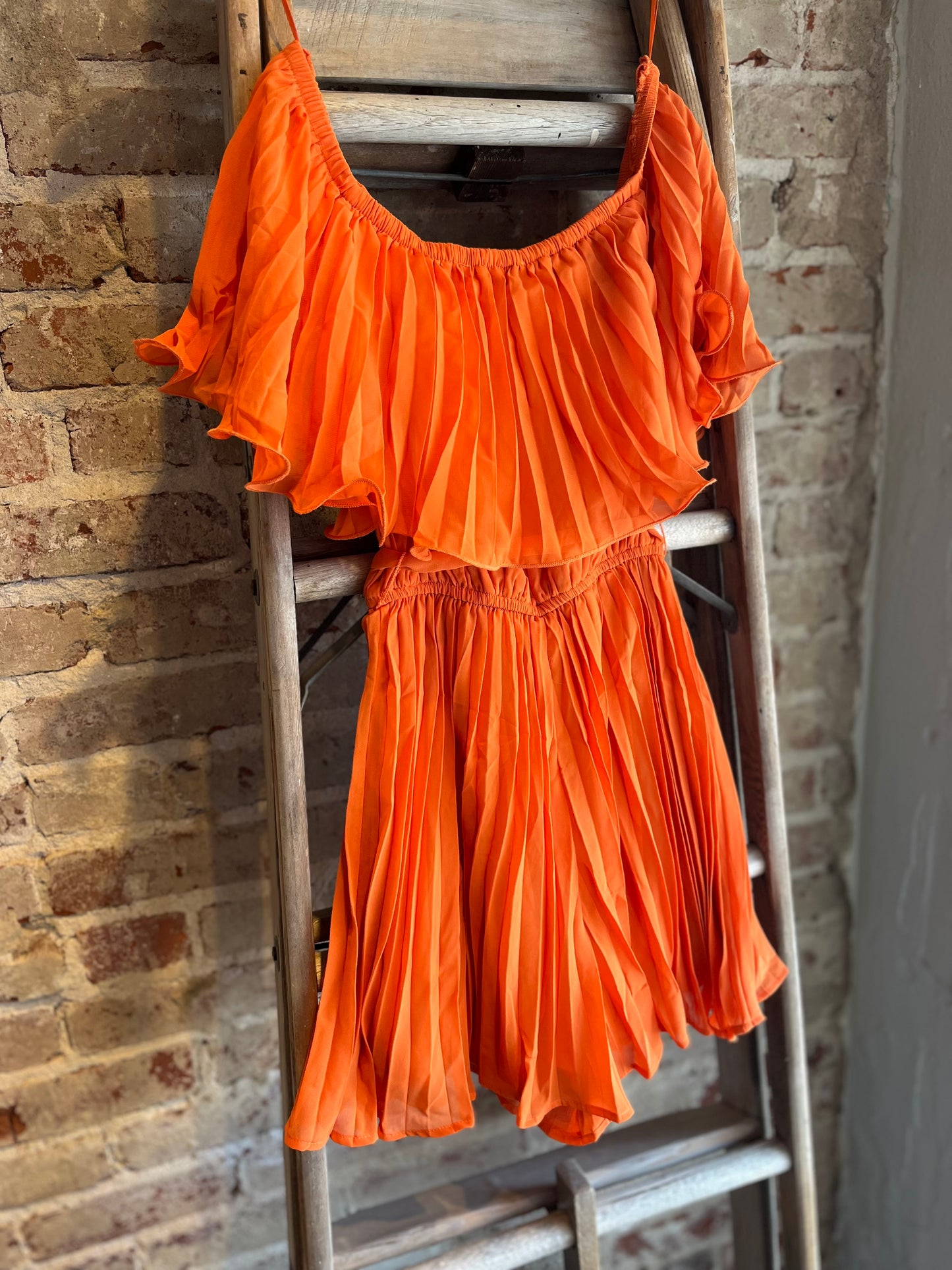 Pleated Off Shoulder Romper - Orange