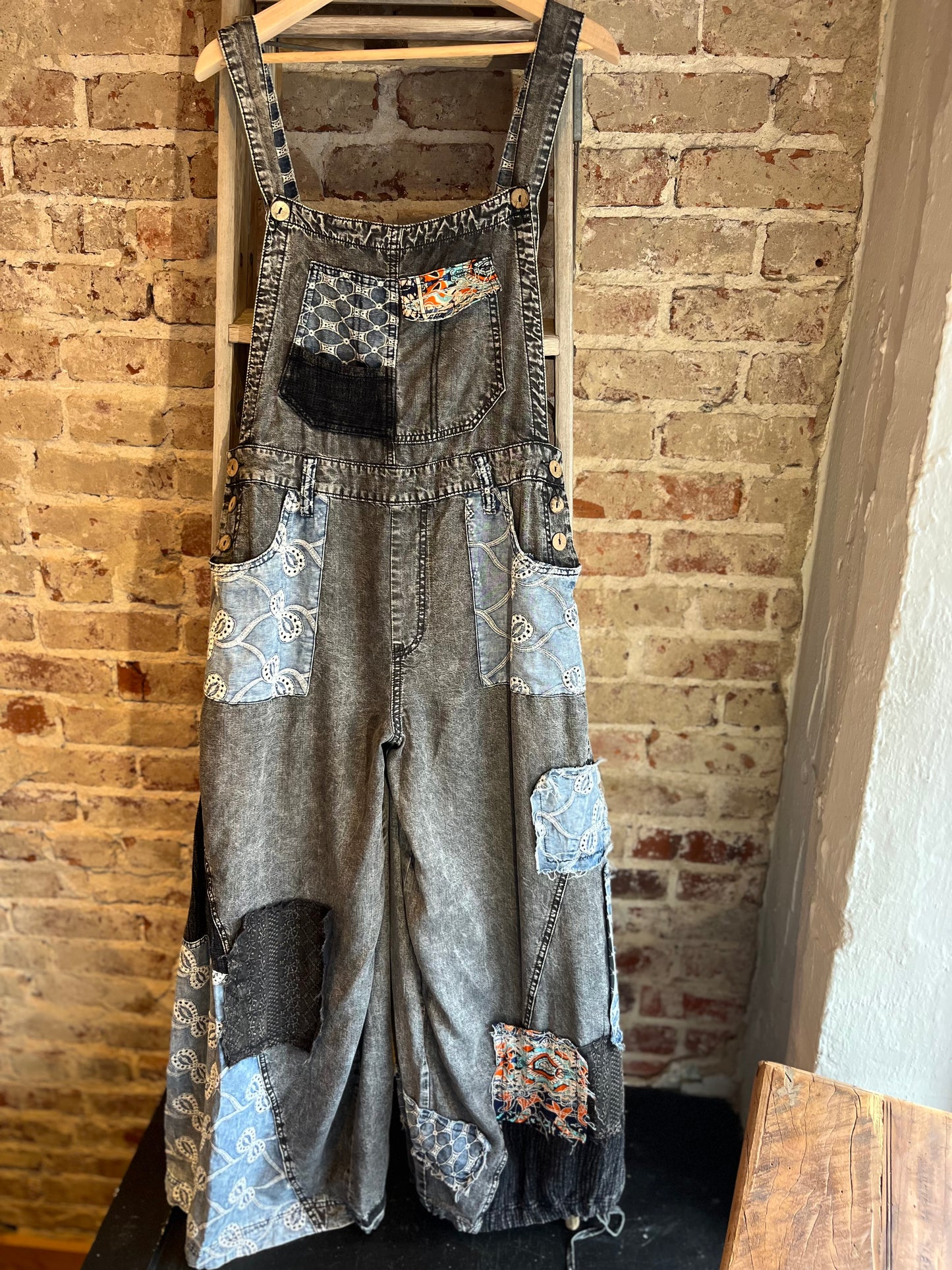 Patchwork Tencel Overalls- Black