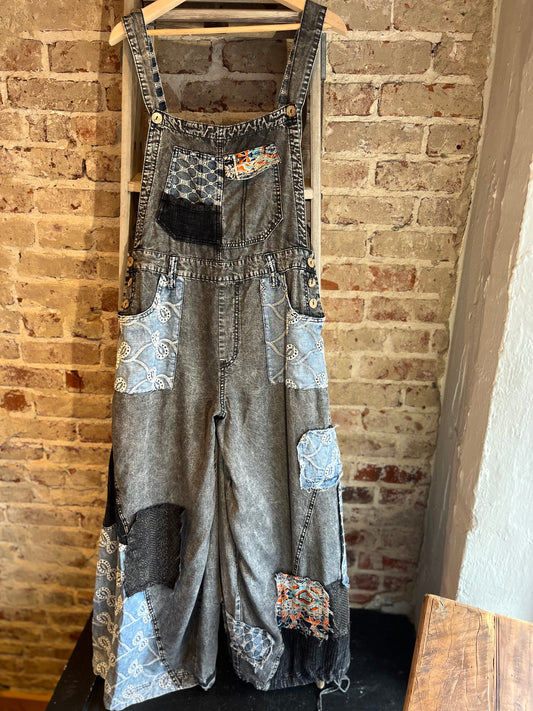 Patchwork Tencel Overalls- Black