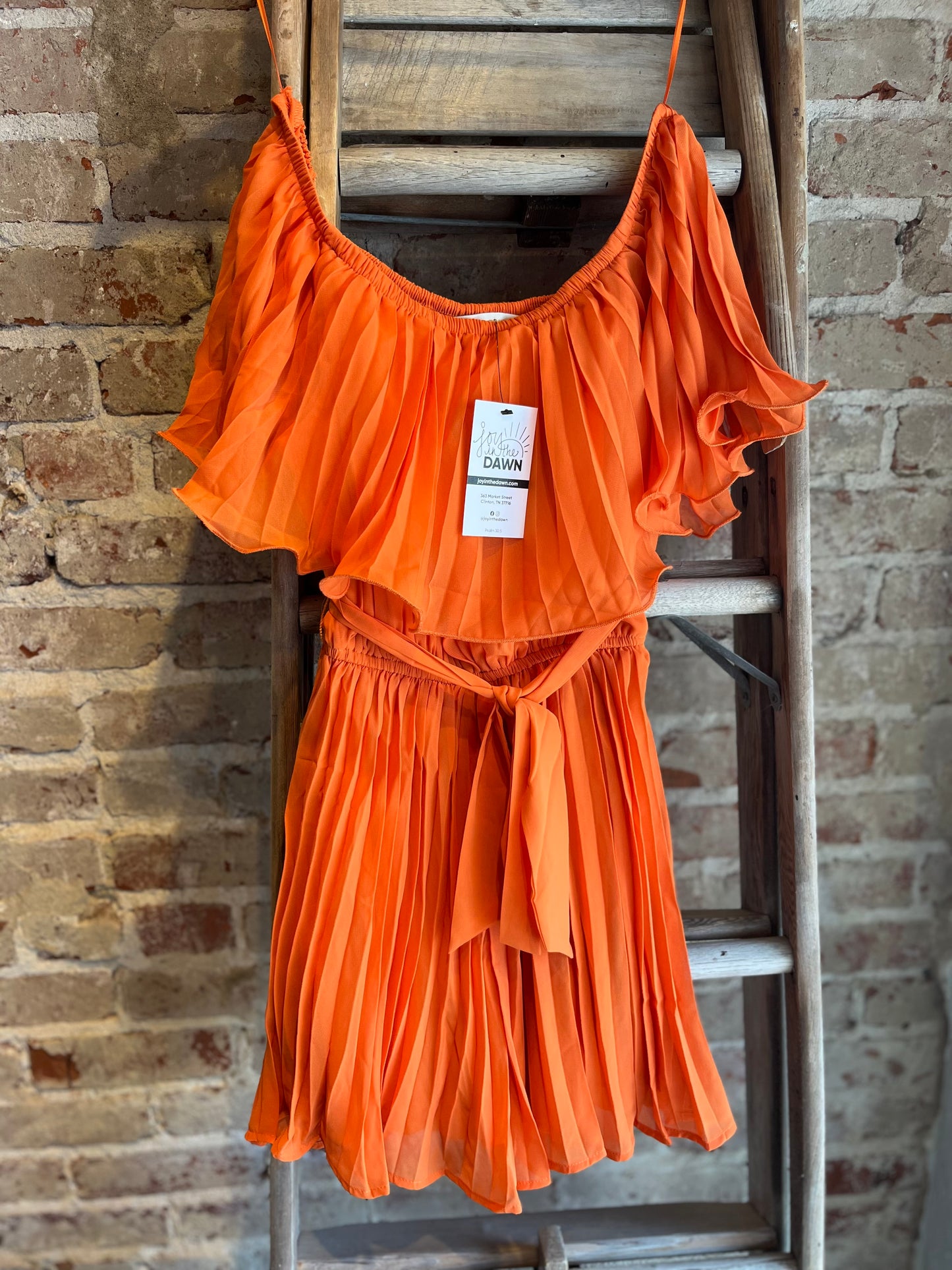 Pleated Off Shoulder Romper - Orange