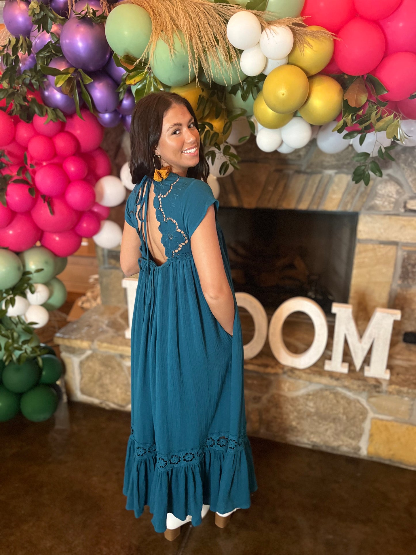 Floral Peasant Dress- Teal