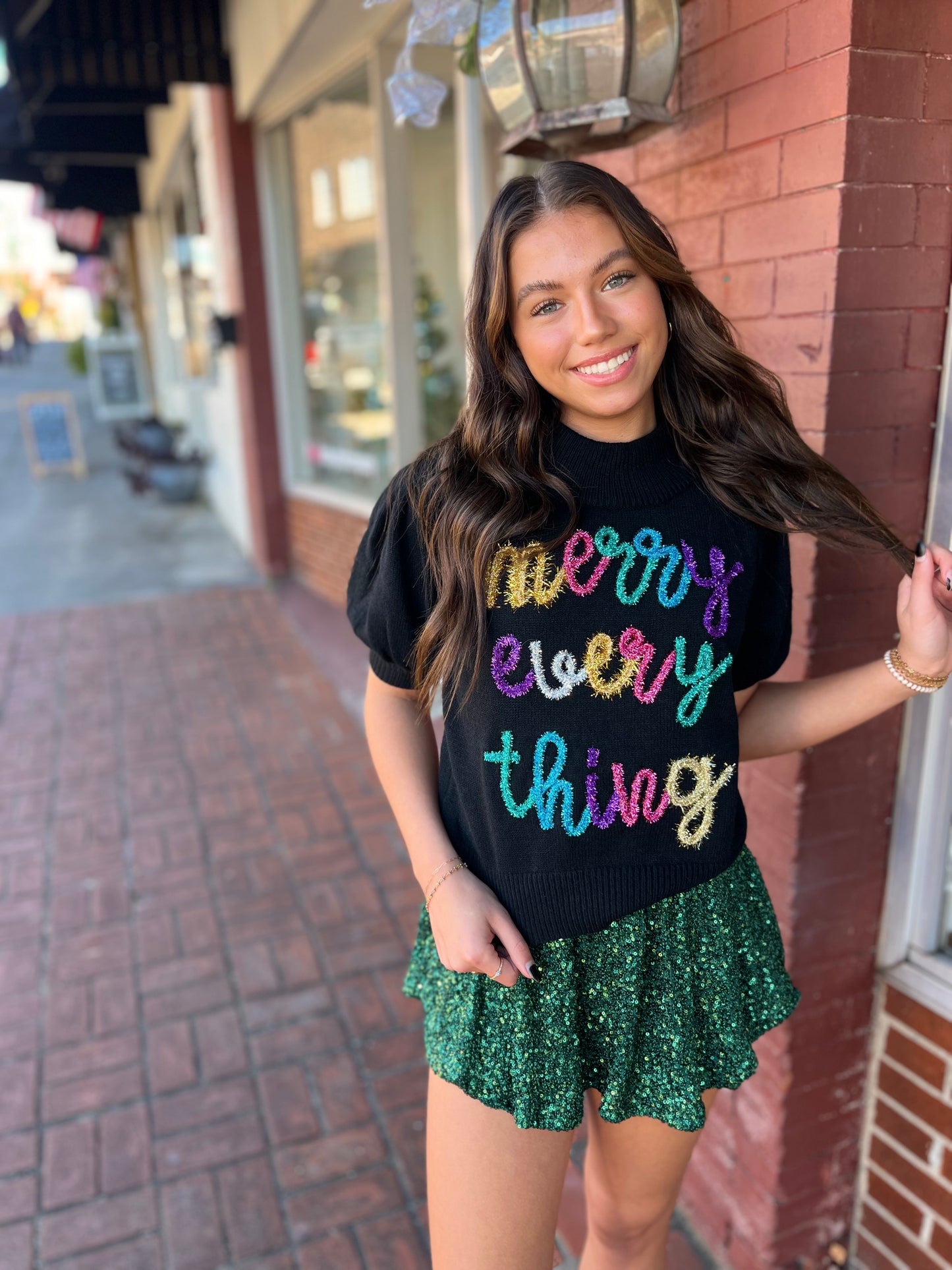 Merry Everything Short Sleeve Sweater- Black