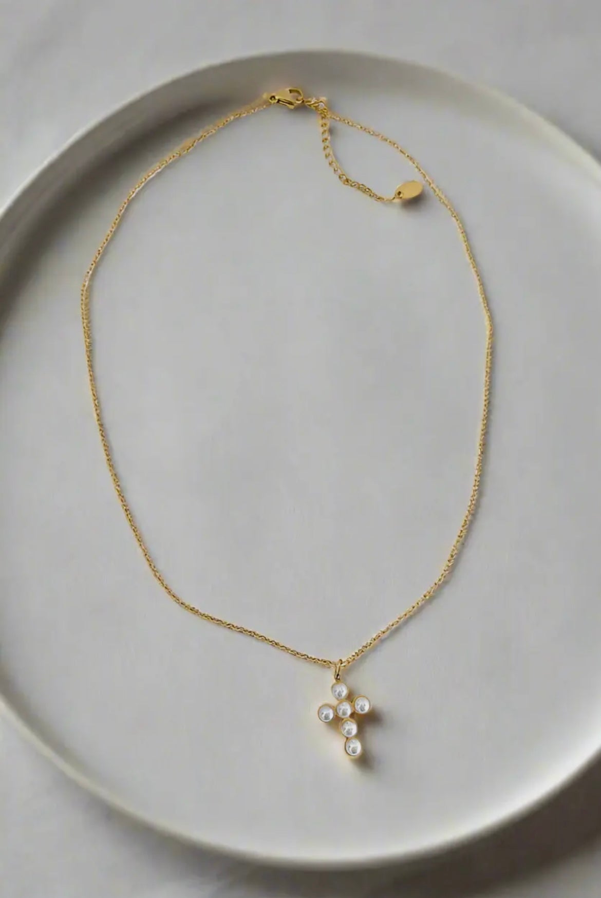 Gold Peal Cross Necklace