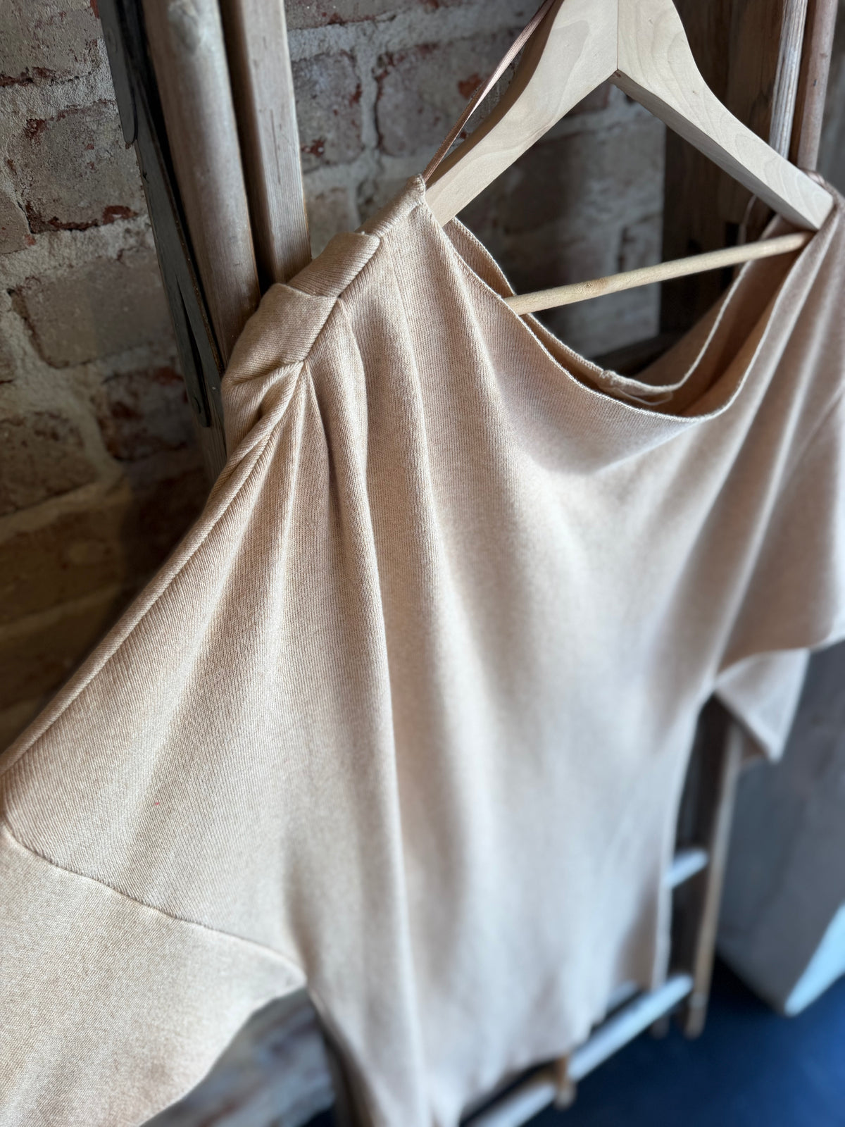 Knit Off Shoulder Sweater Dress- Beige