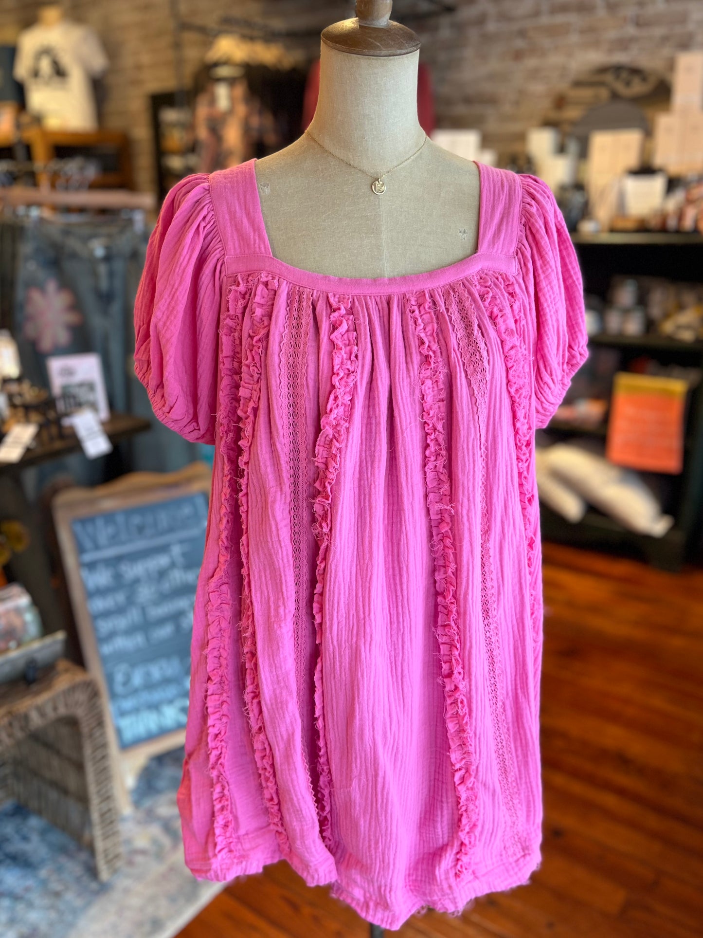 Tie Back Babydoll Mini Dress - Hot Pink
