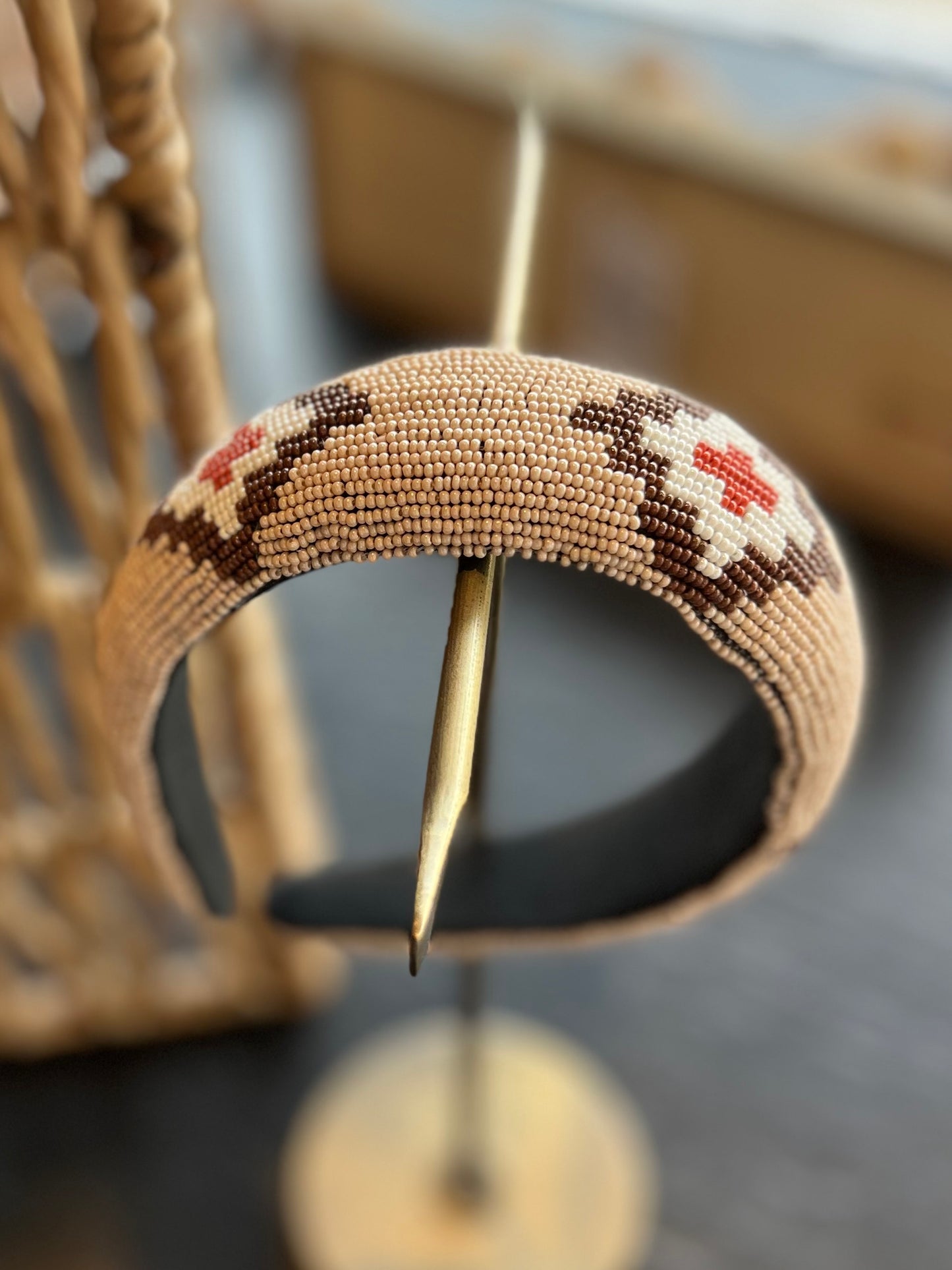 Aztec Beaded Headband - Tan/Red