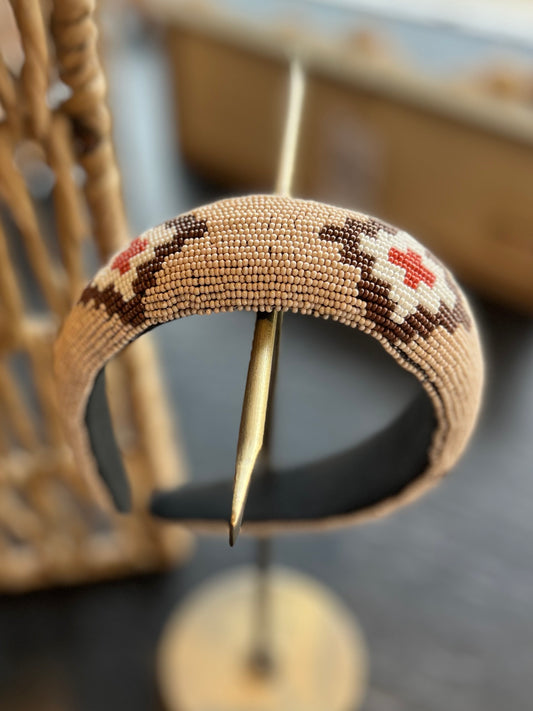 Aztec Beaded Headband - Tan/Red