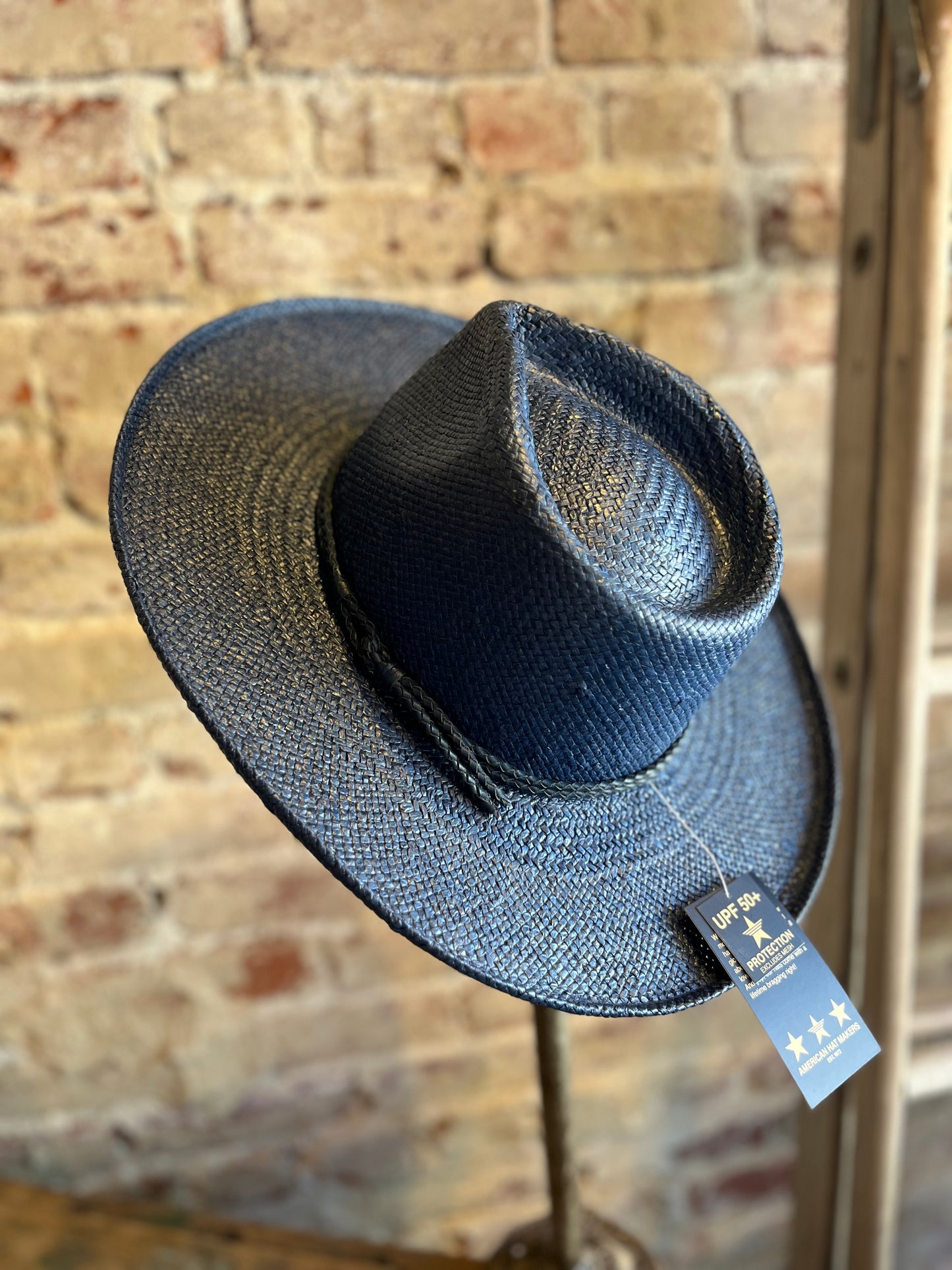 Curled Brim Sun Straw Hat - Navy