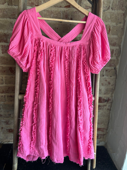 Tie Back Babydoll Mini Dress - Hot Pink